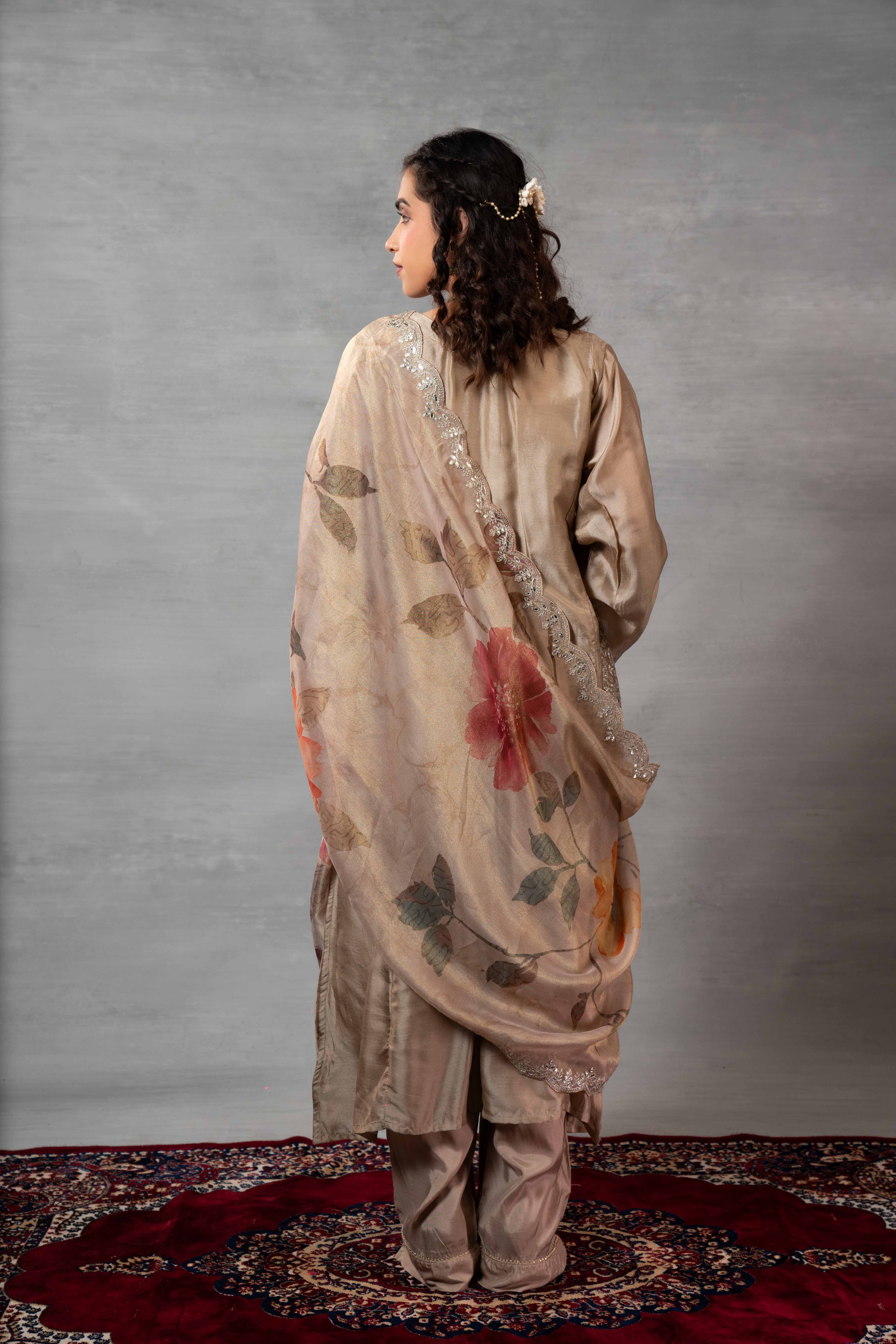 Beige Silk Plain Party Wear Kurti Set with Dupatta