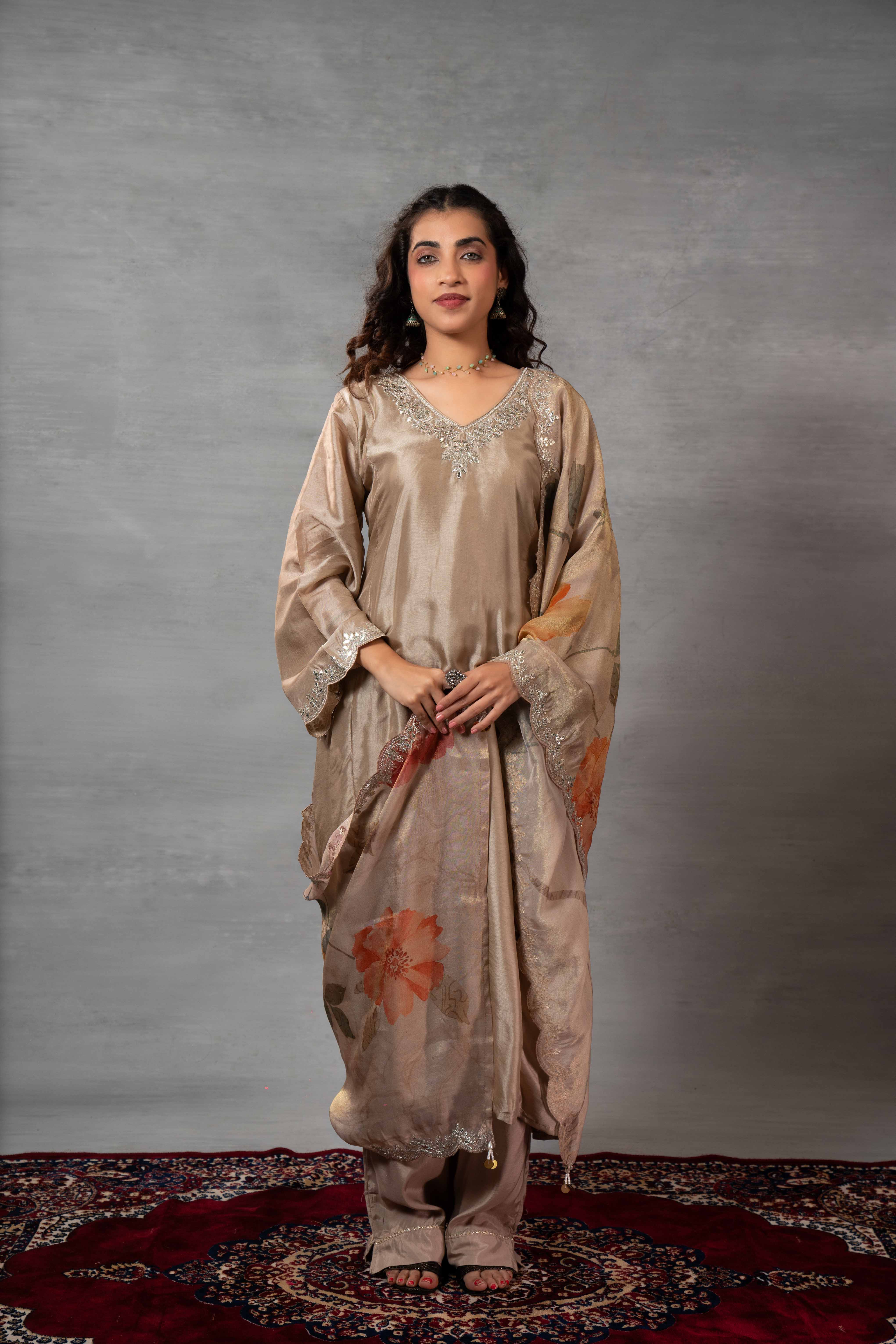 Beige Silk Plain Party Wear Kurti Set with Dupatta