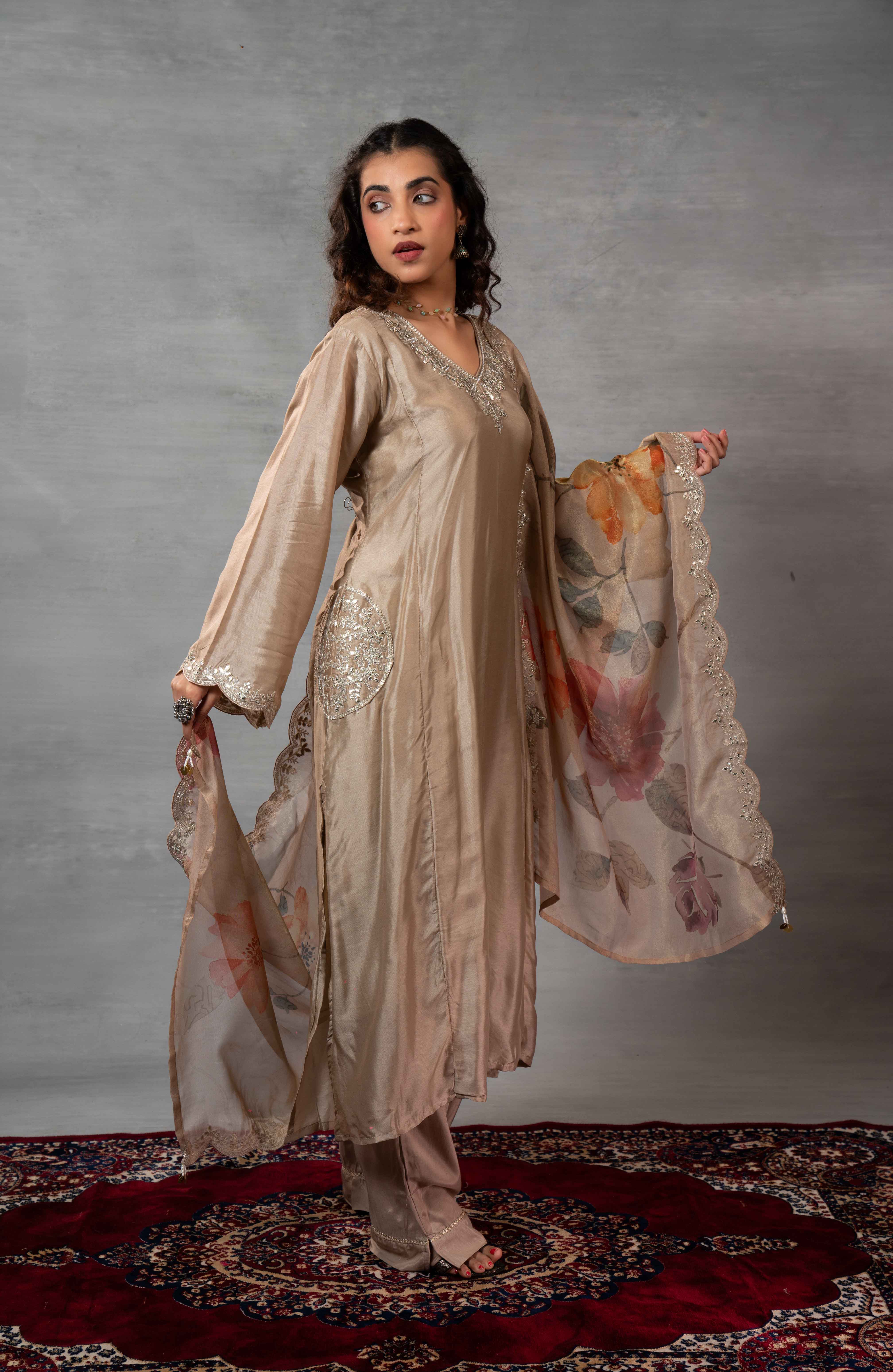 Beige Silk Plain Party Wear Kurti Set with Dupatta