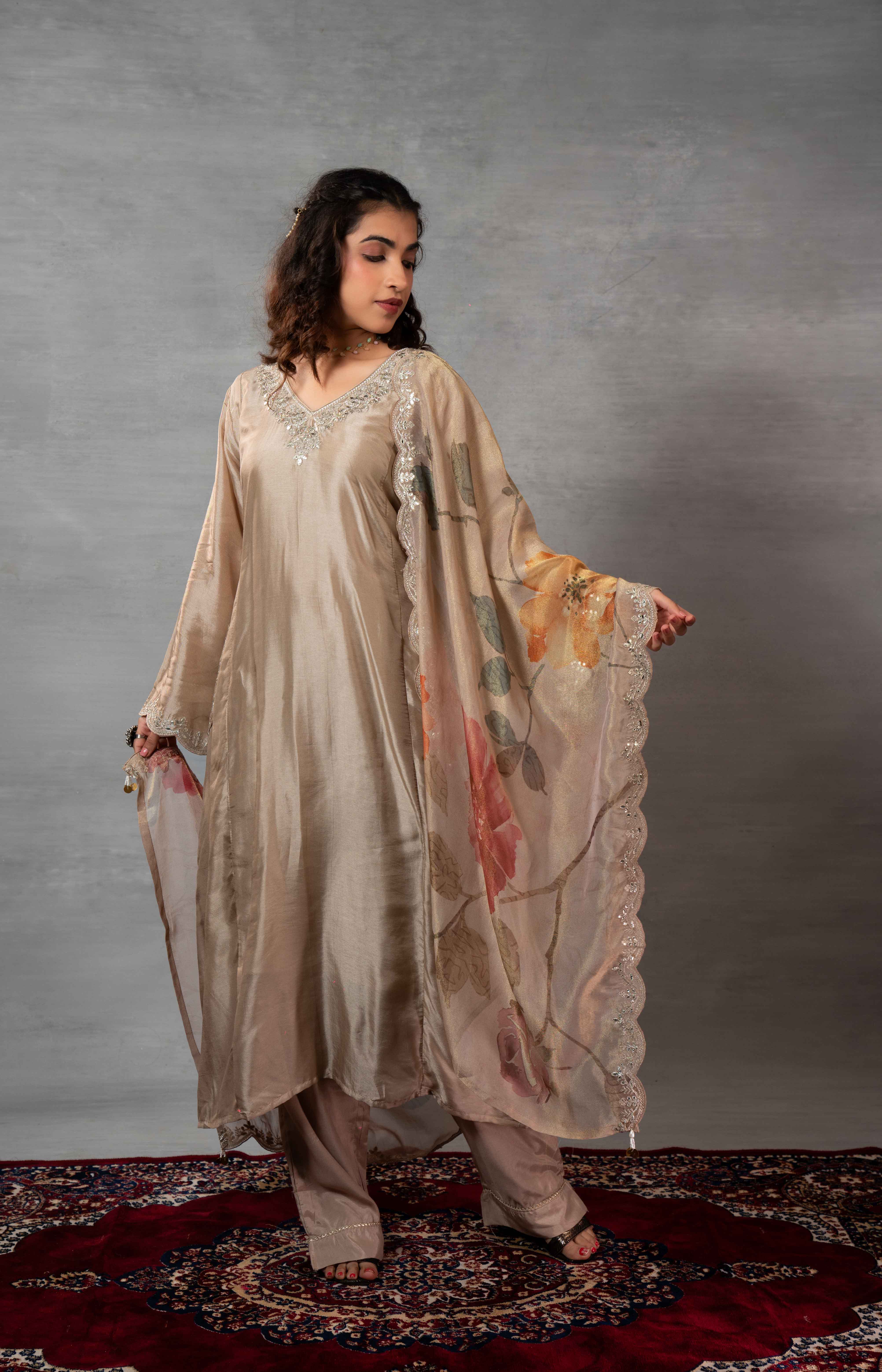 Beige Silk Plain Party Wear Kurti Set with Dupatta