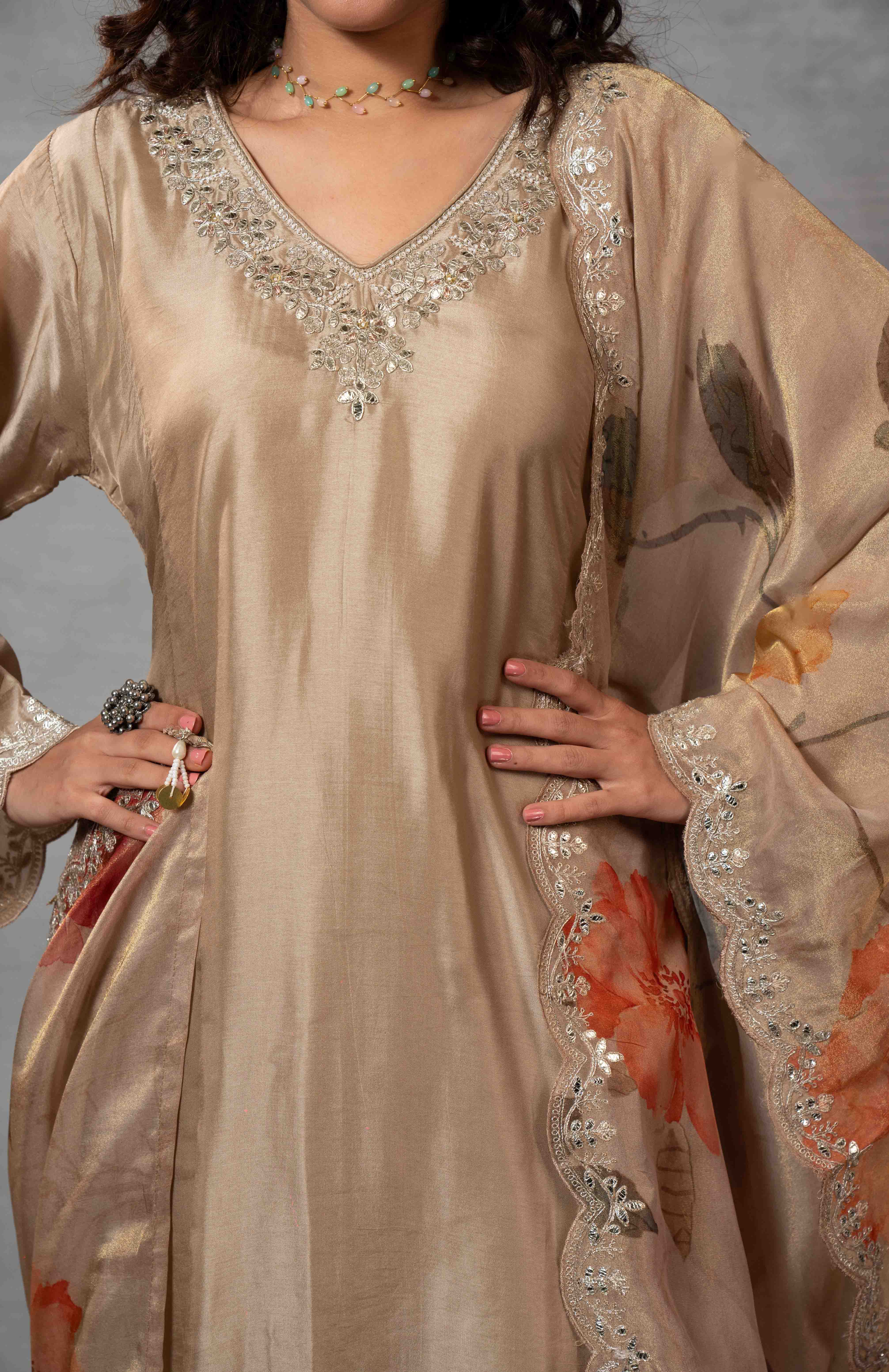 Beige Silk Plain Party Wear Kurti Set with Dupatta