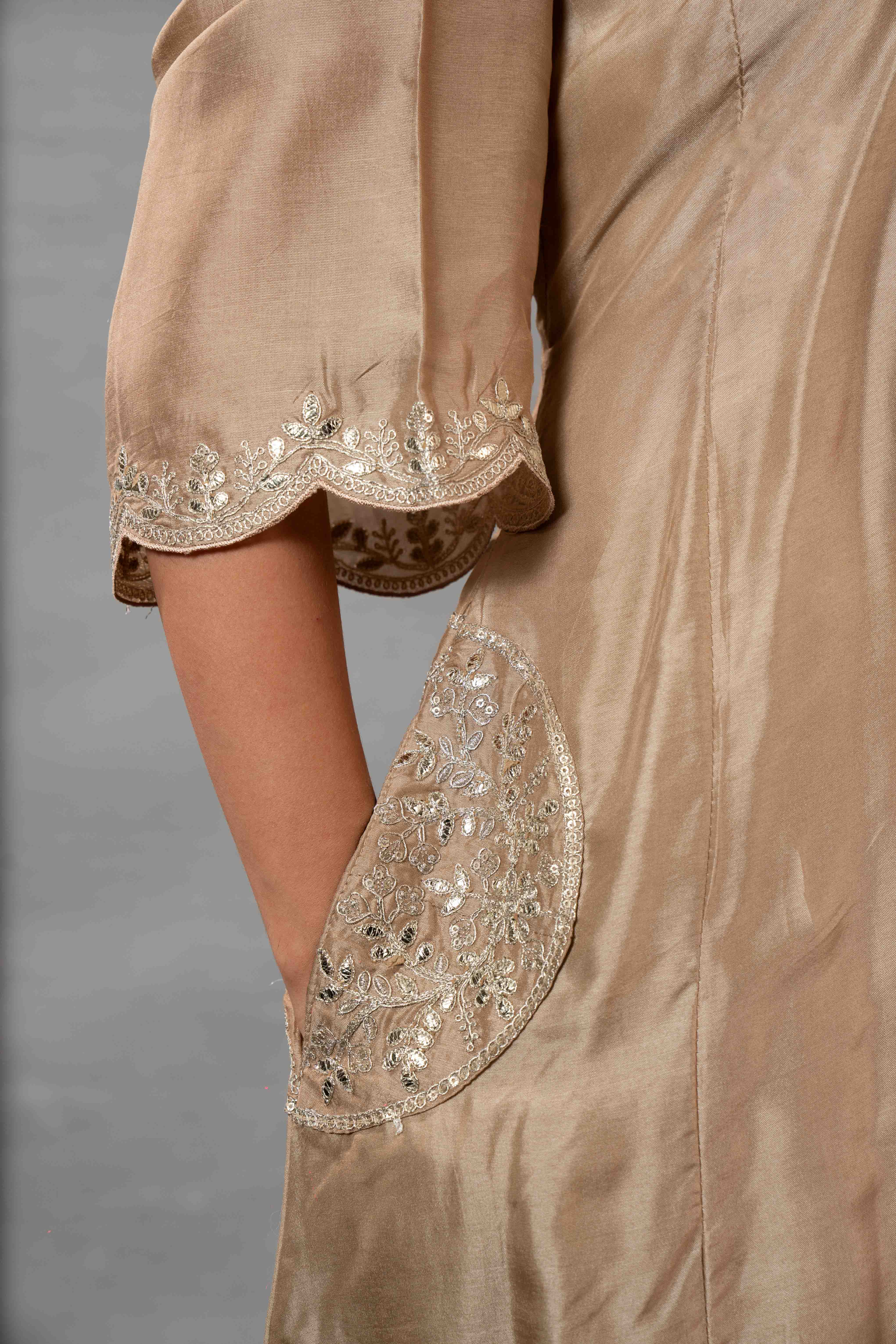 Beige Silk Plain Party Wear Kurti Set with Dupatta