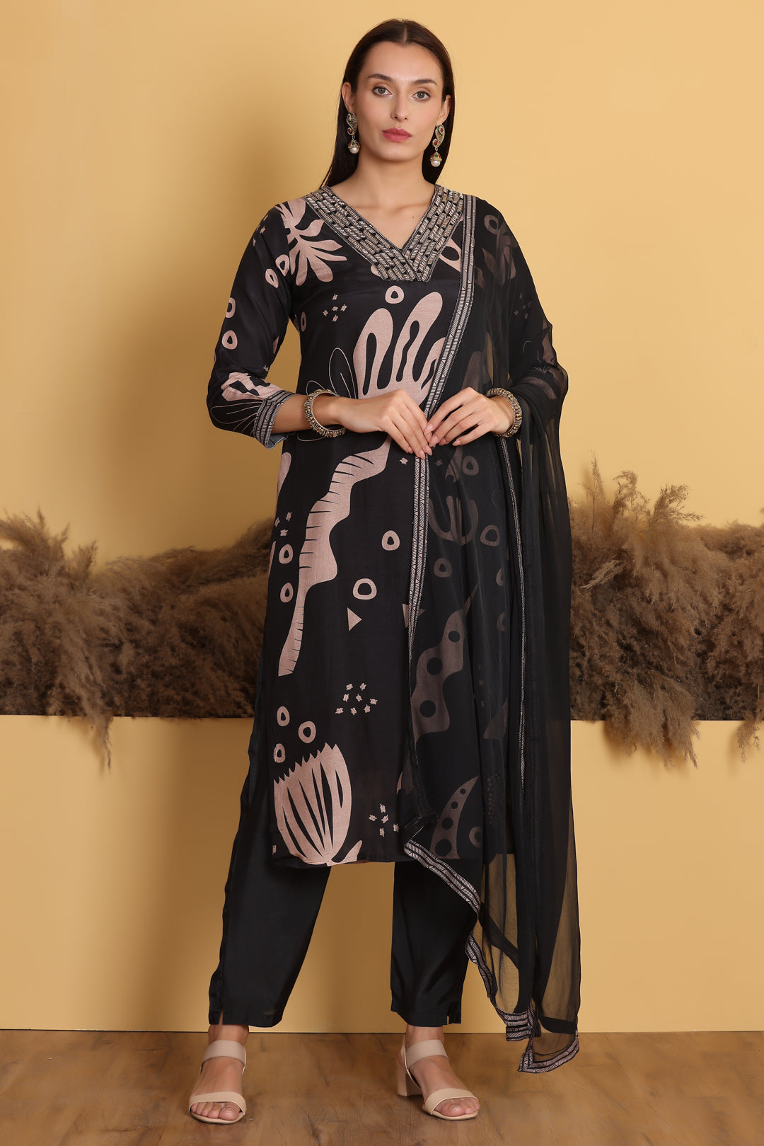 Black Muslin Kurti Pant set with Dupatta