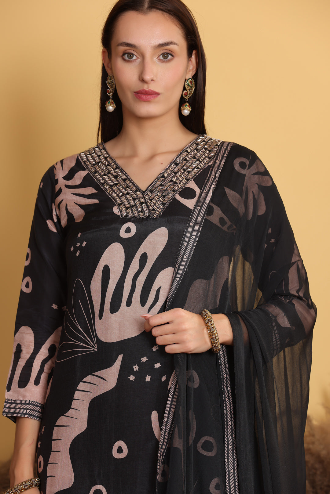 Black Muslin Kurti Pant set with Dupatta