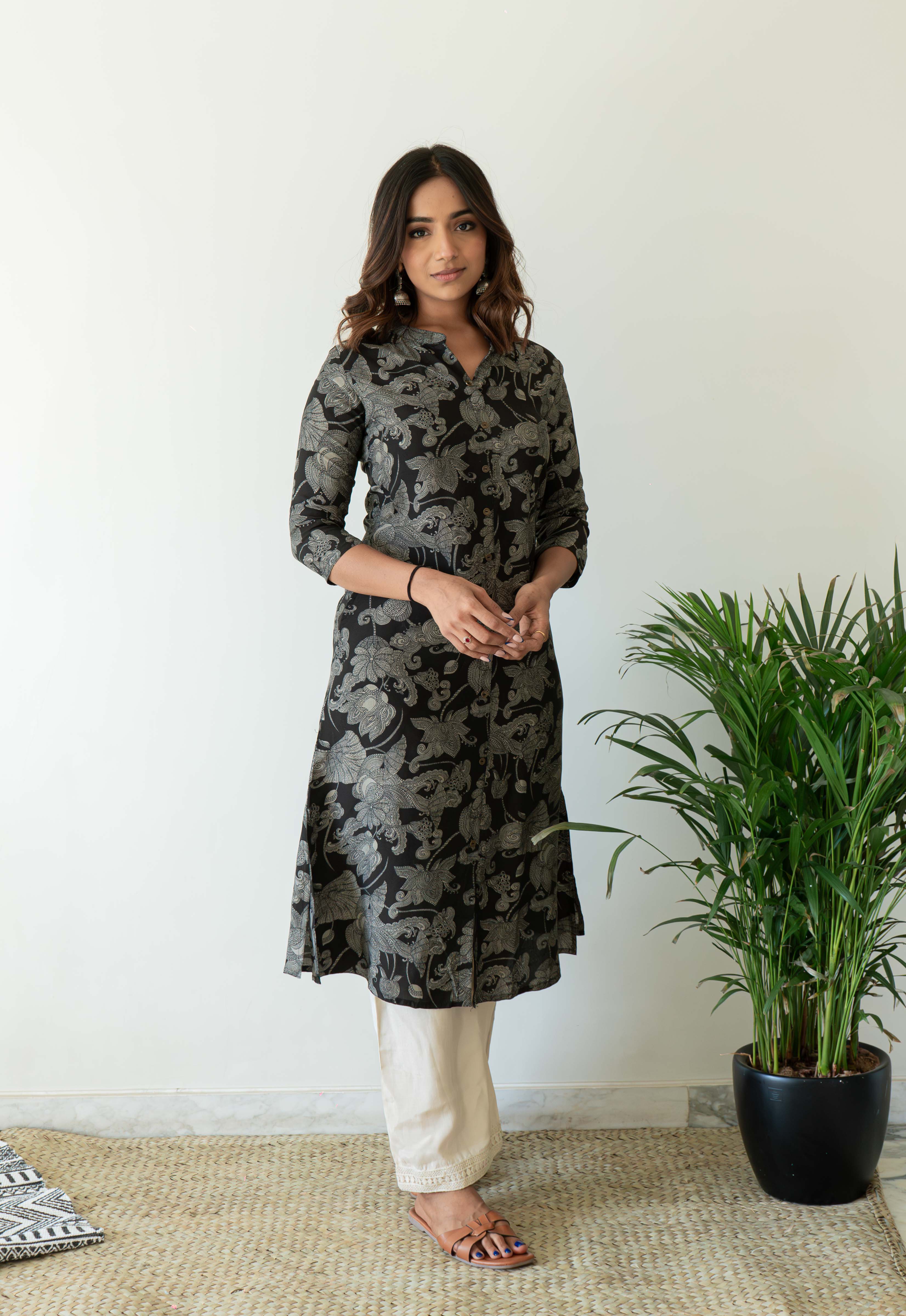 Muslin Stand Collar Abstract A-Line Kurta
