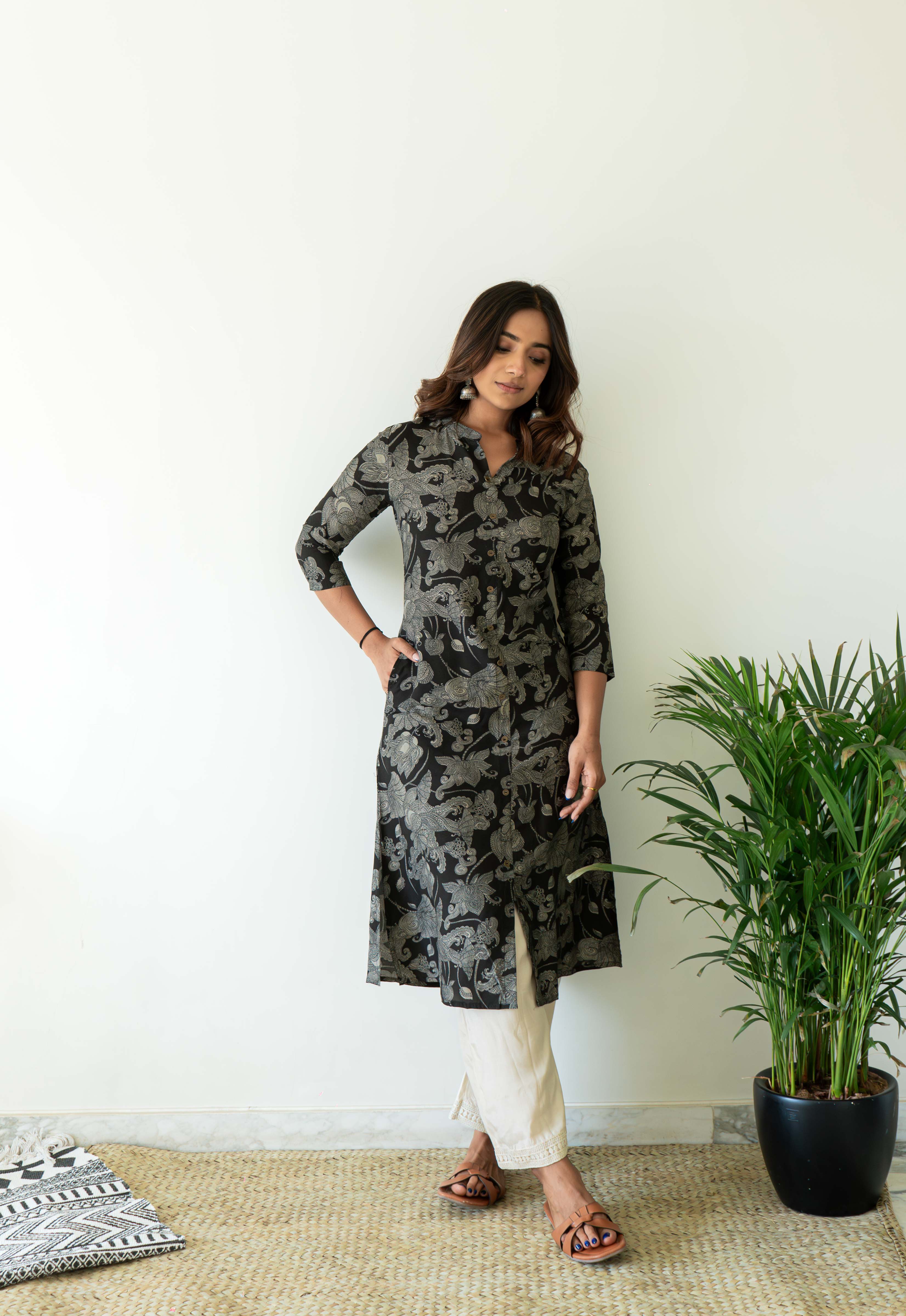 Muslin Stand Collar Abstract A-Line Kurta