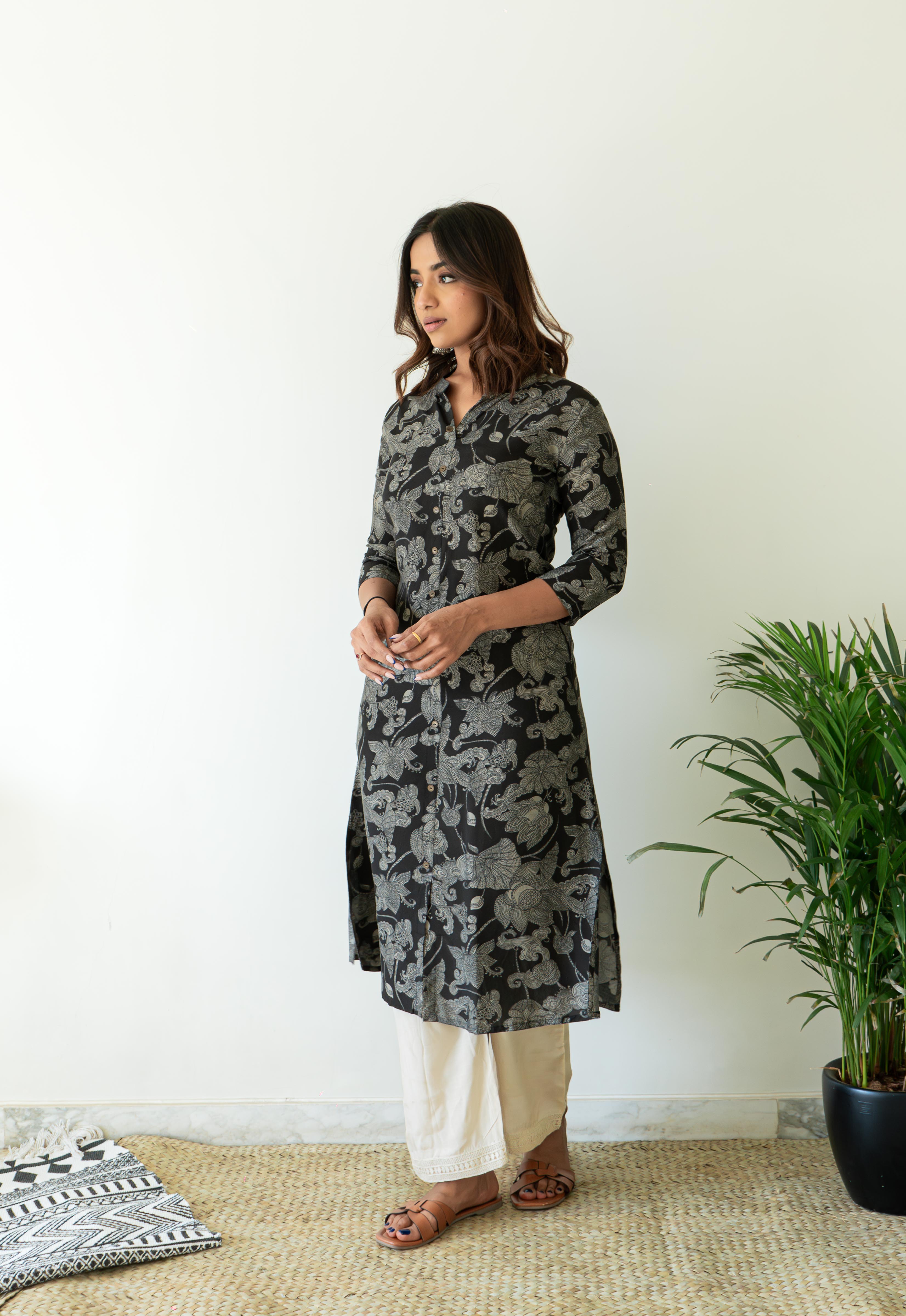 Muslin Stand Collar Abstract A-Line Kurta