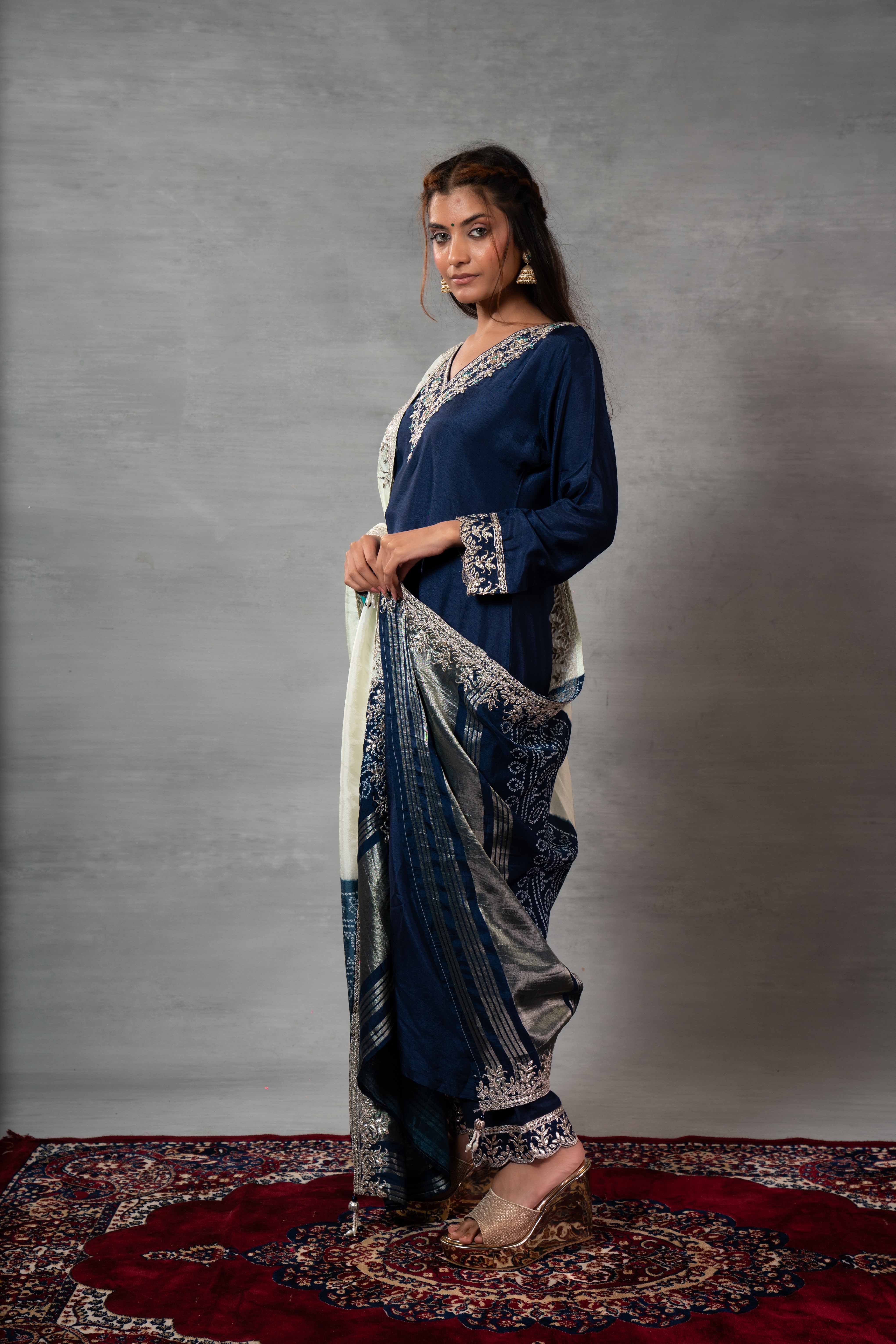 Blue Plain Russian Silk Kurti Set for Women