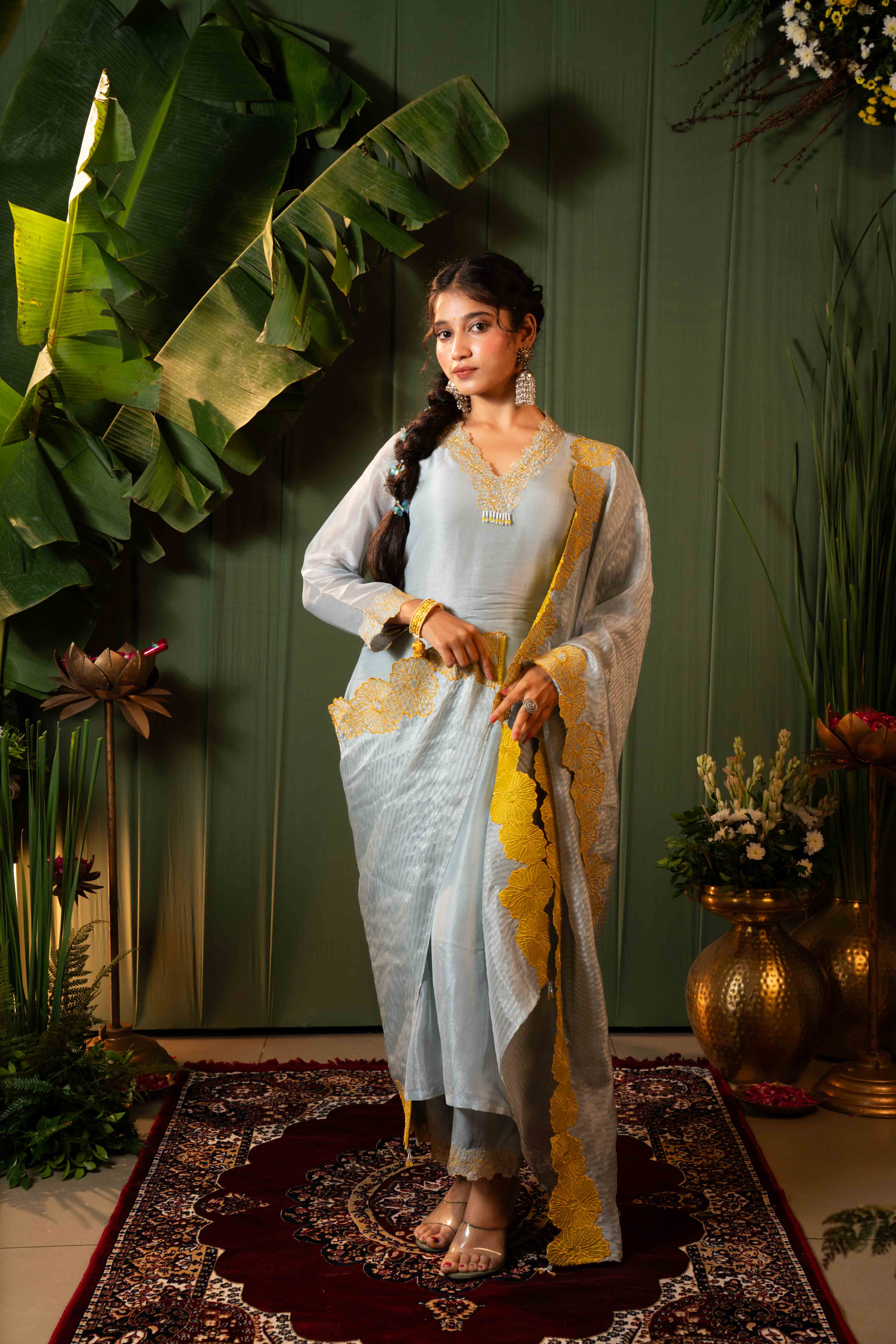 Blue Plain Tissue Kurti Pant Set with Dupatta