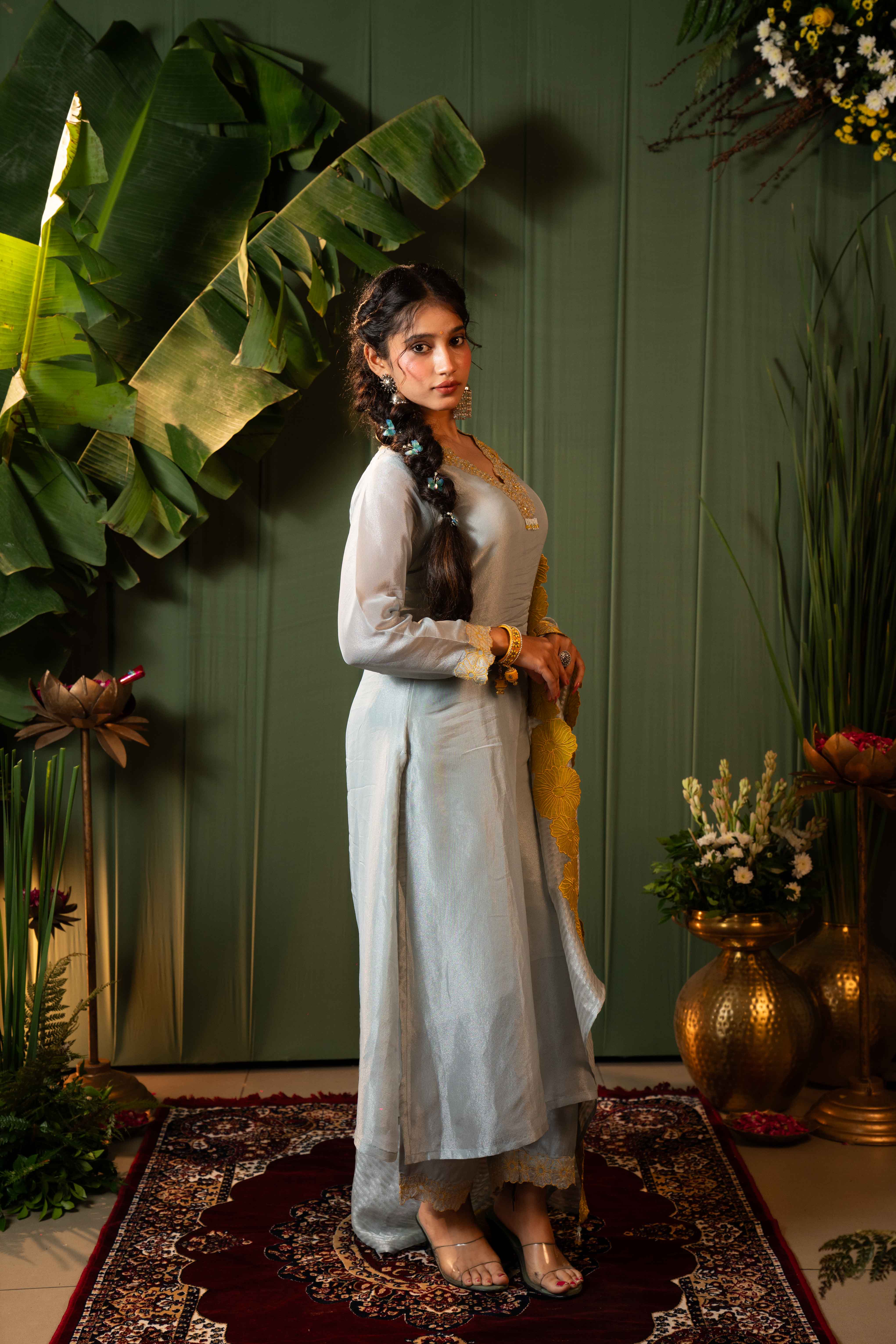 Blue Plain Tissue Kurti Pant Set with Dupatta