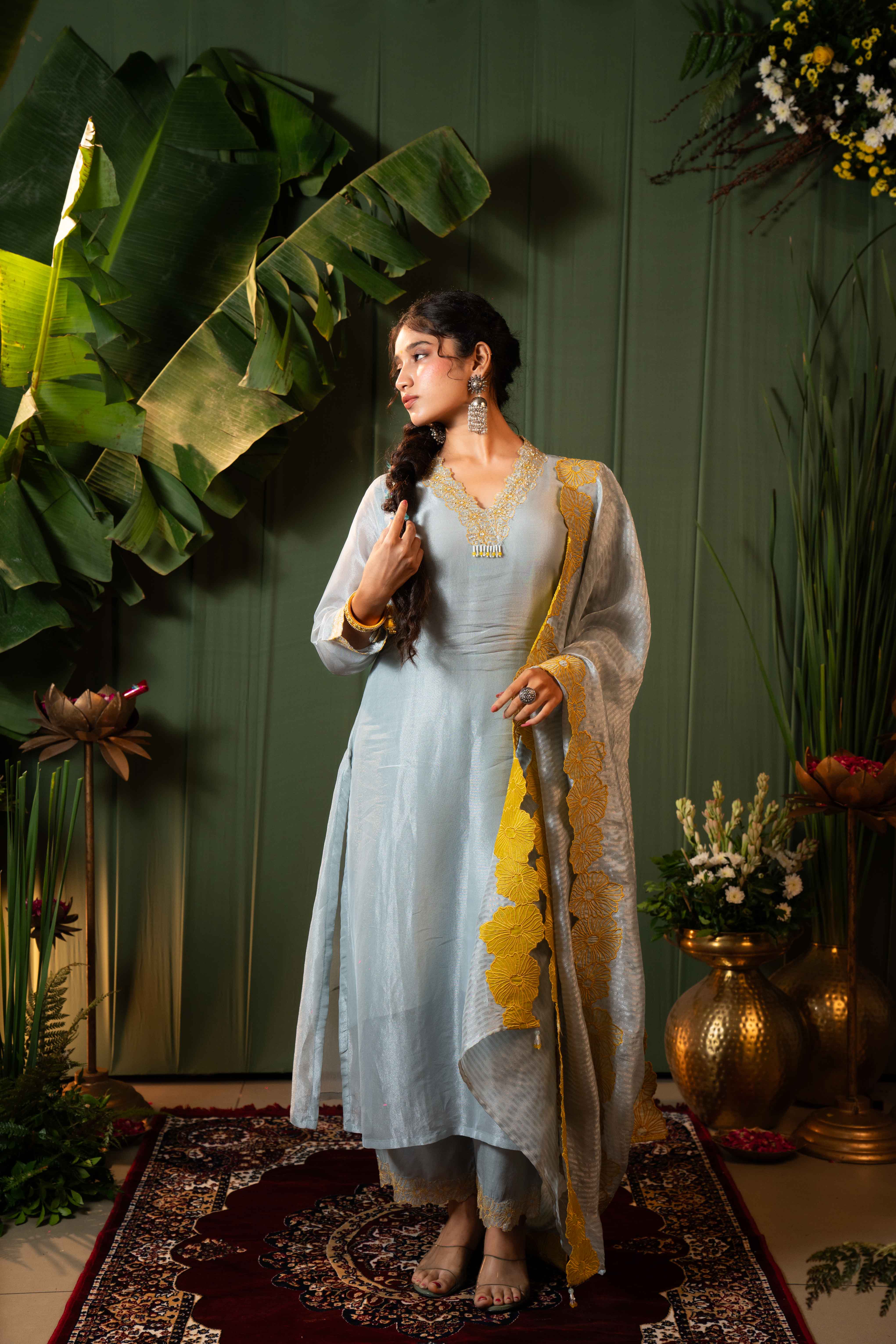 Blue Plain Tissue Kurti Pant Set with Dupatta