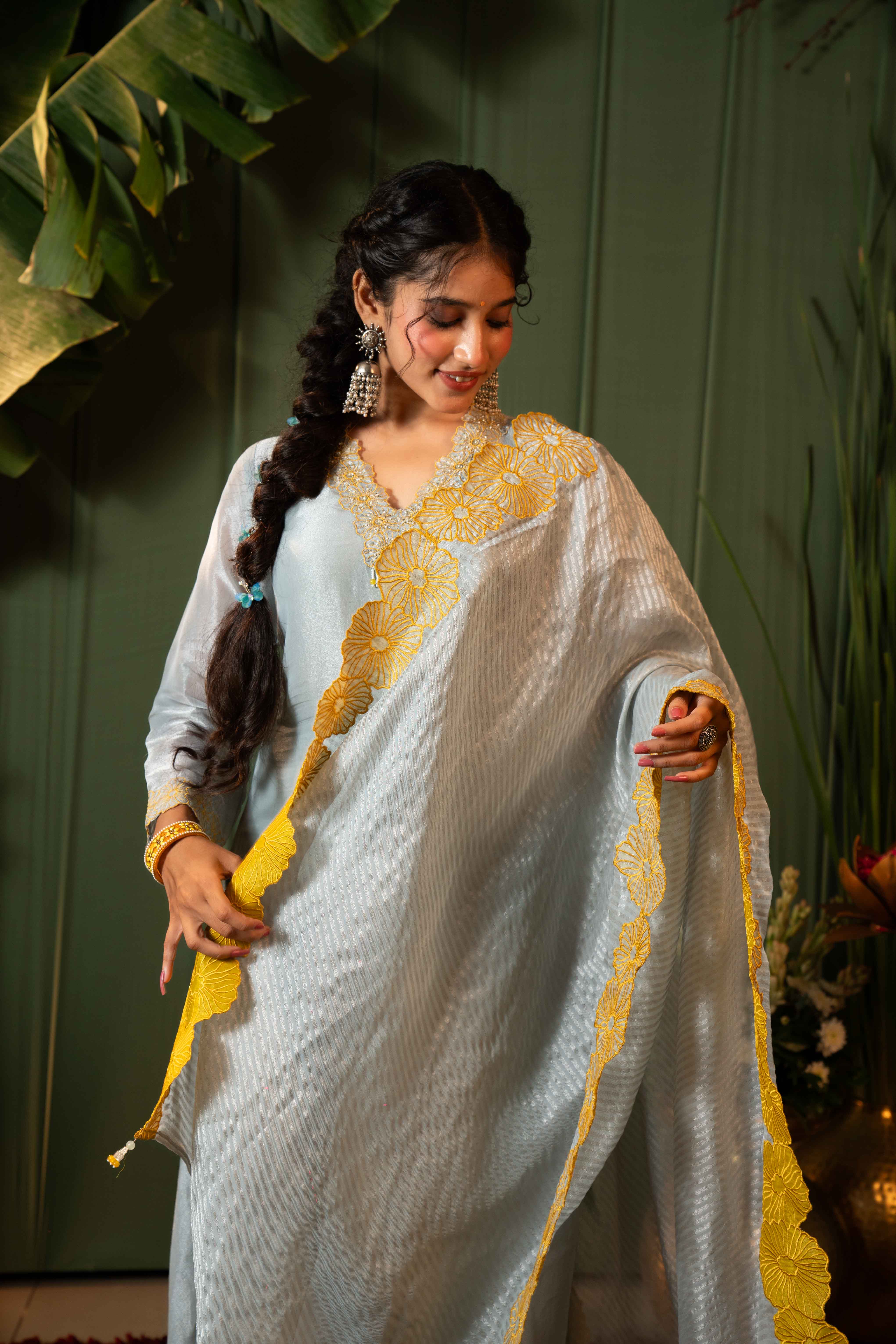 Blue Plain Tissue Kurti Pant Set with Dupatta