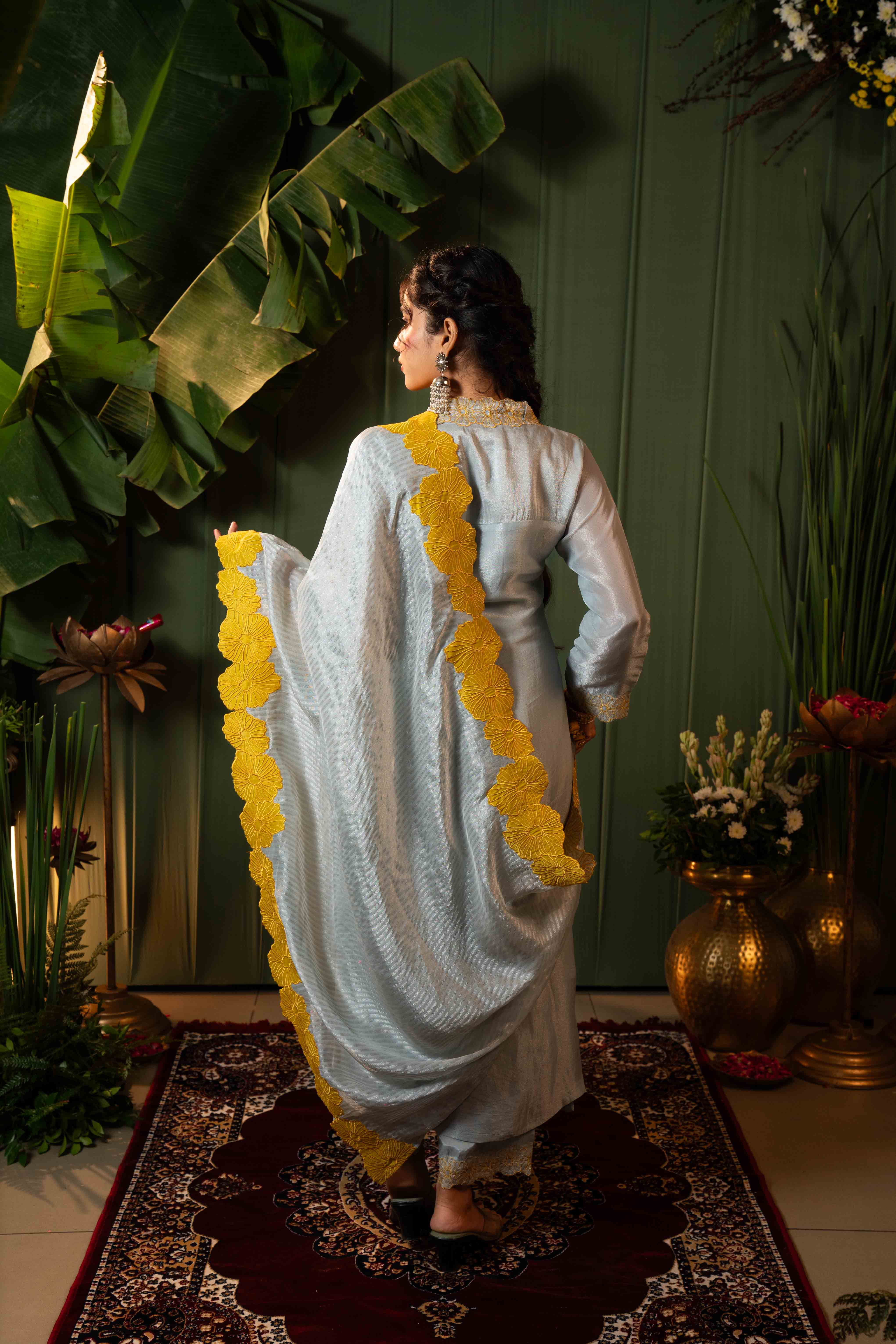 Blue Plain Tissue Kurti Pant Set with Dupatta