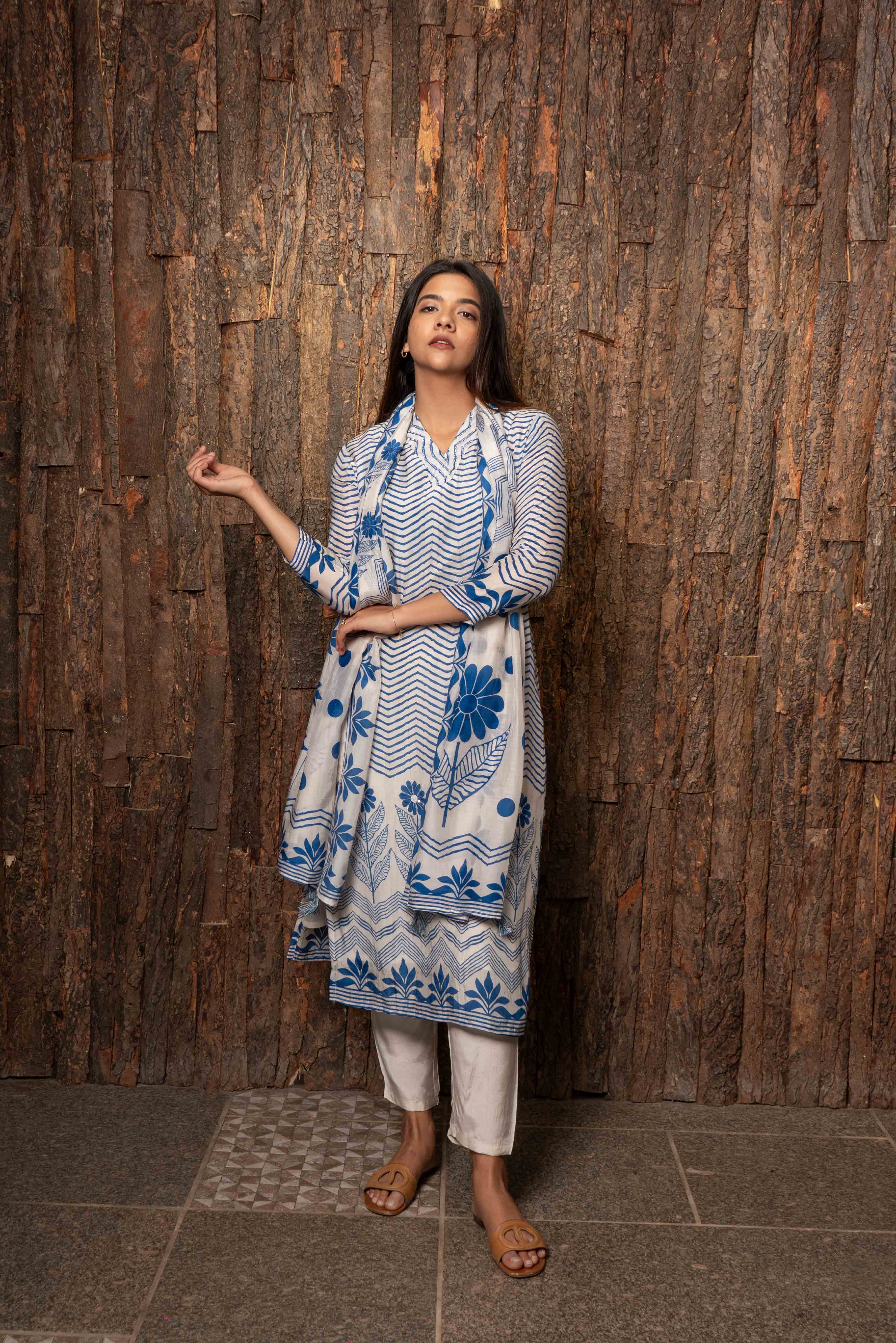 Summer Russian Silk Geometric Kurti Set with Dupatta