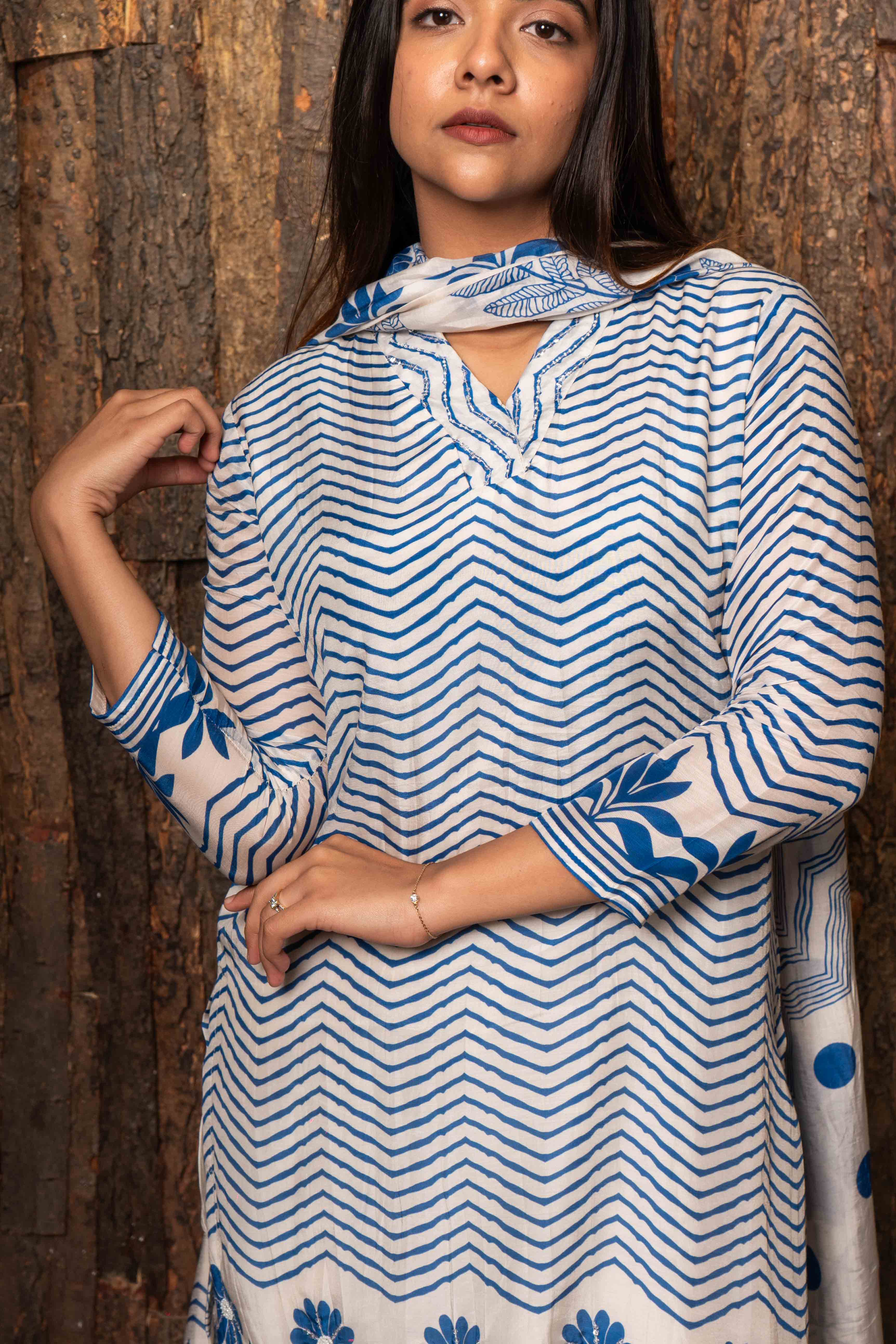 Summer Russian Silk Geometric Kurti Set with Dupatta