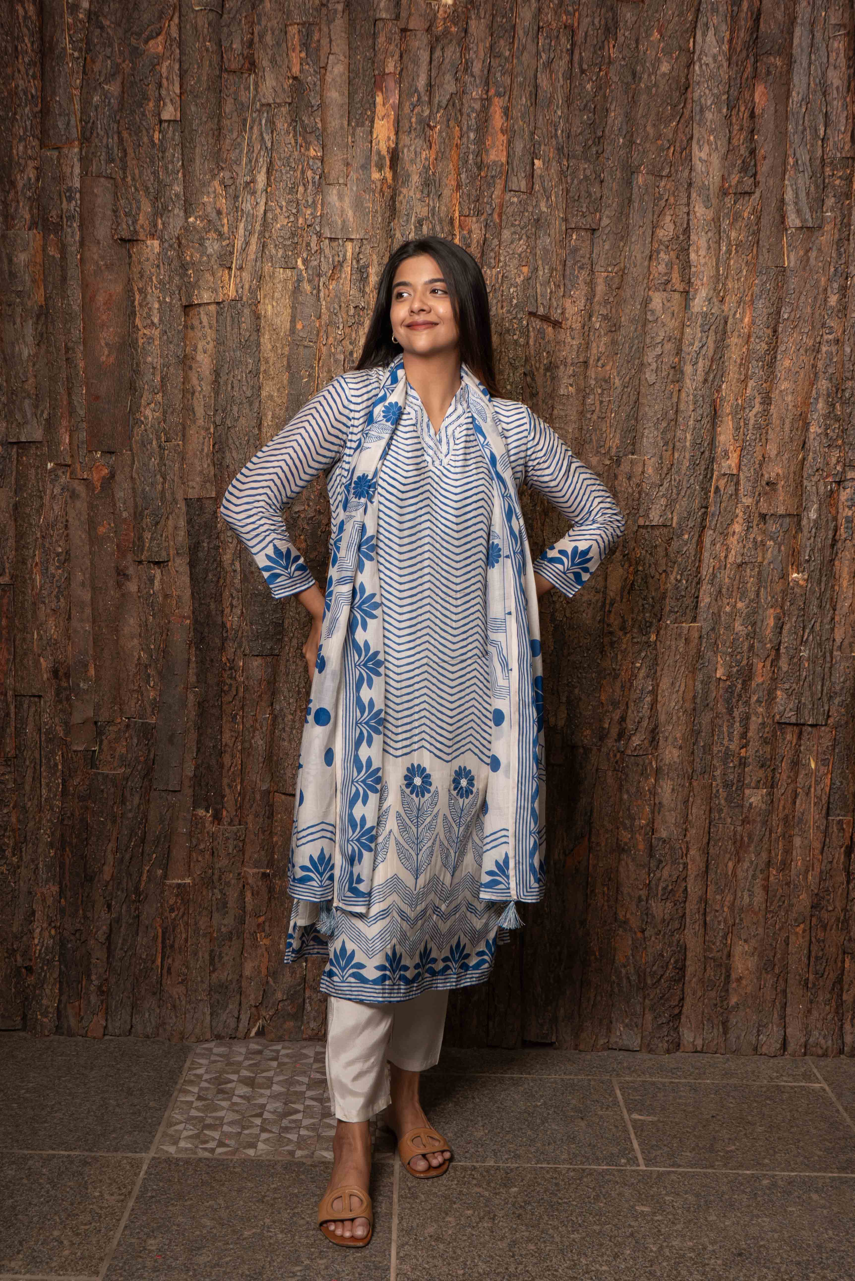 Summer Russian Silk Geometric Kurti Set with Dupatta