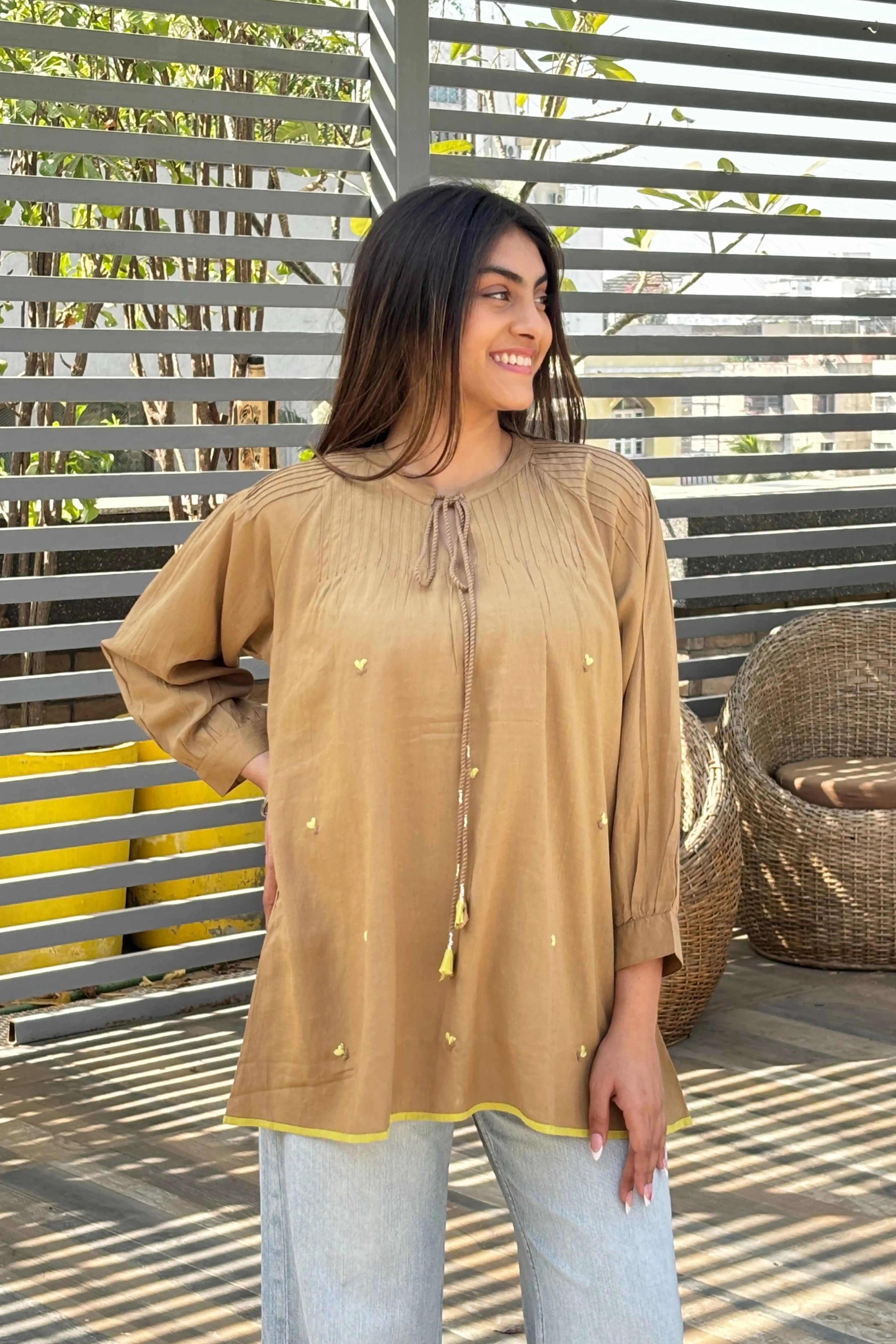 Brown Cotton Tunic Top for Women | Ethonique