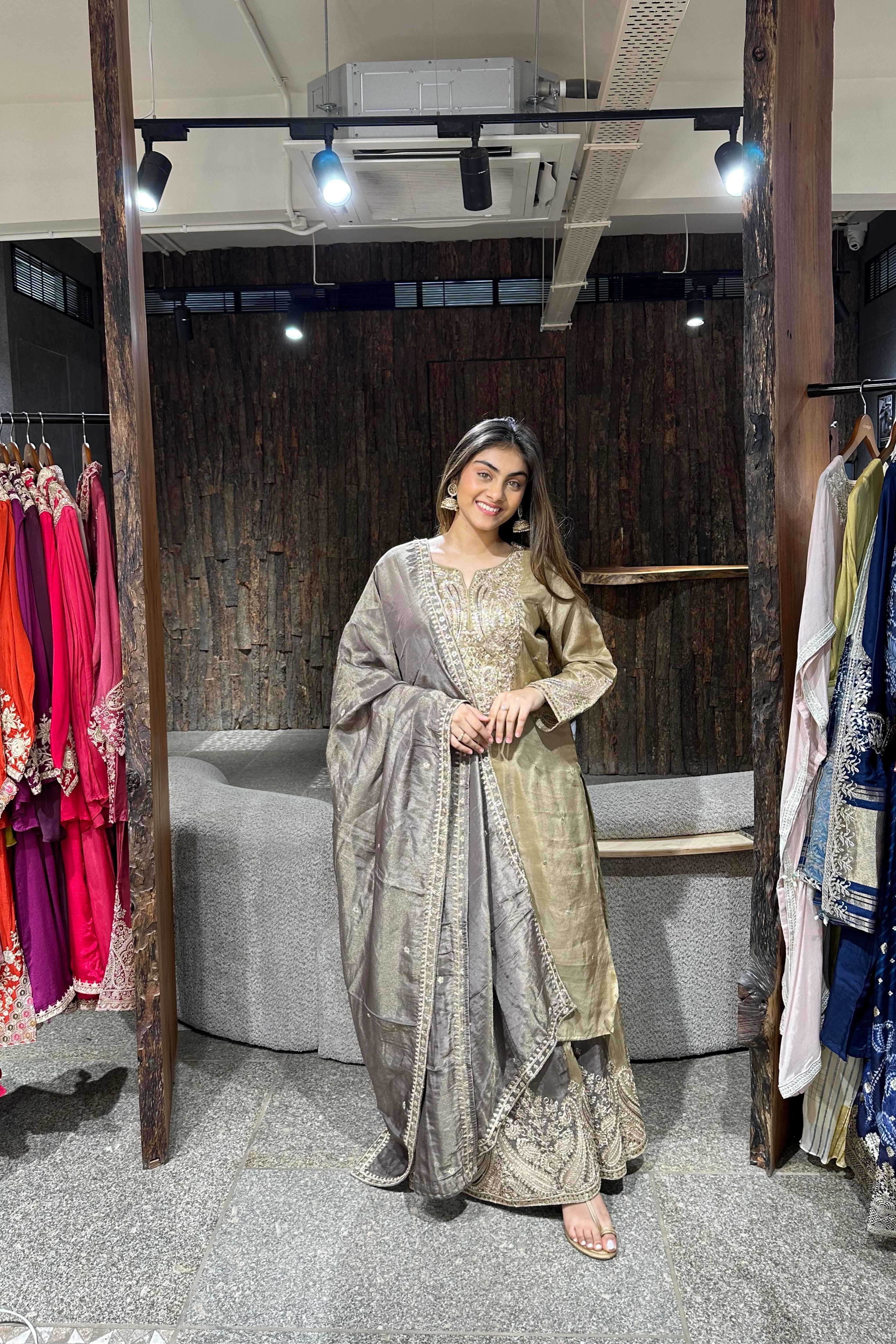 Brown Tissue Kurta Skirt set for Women