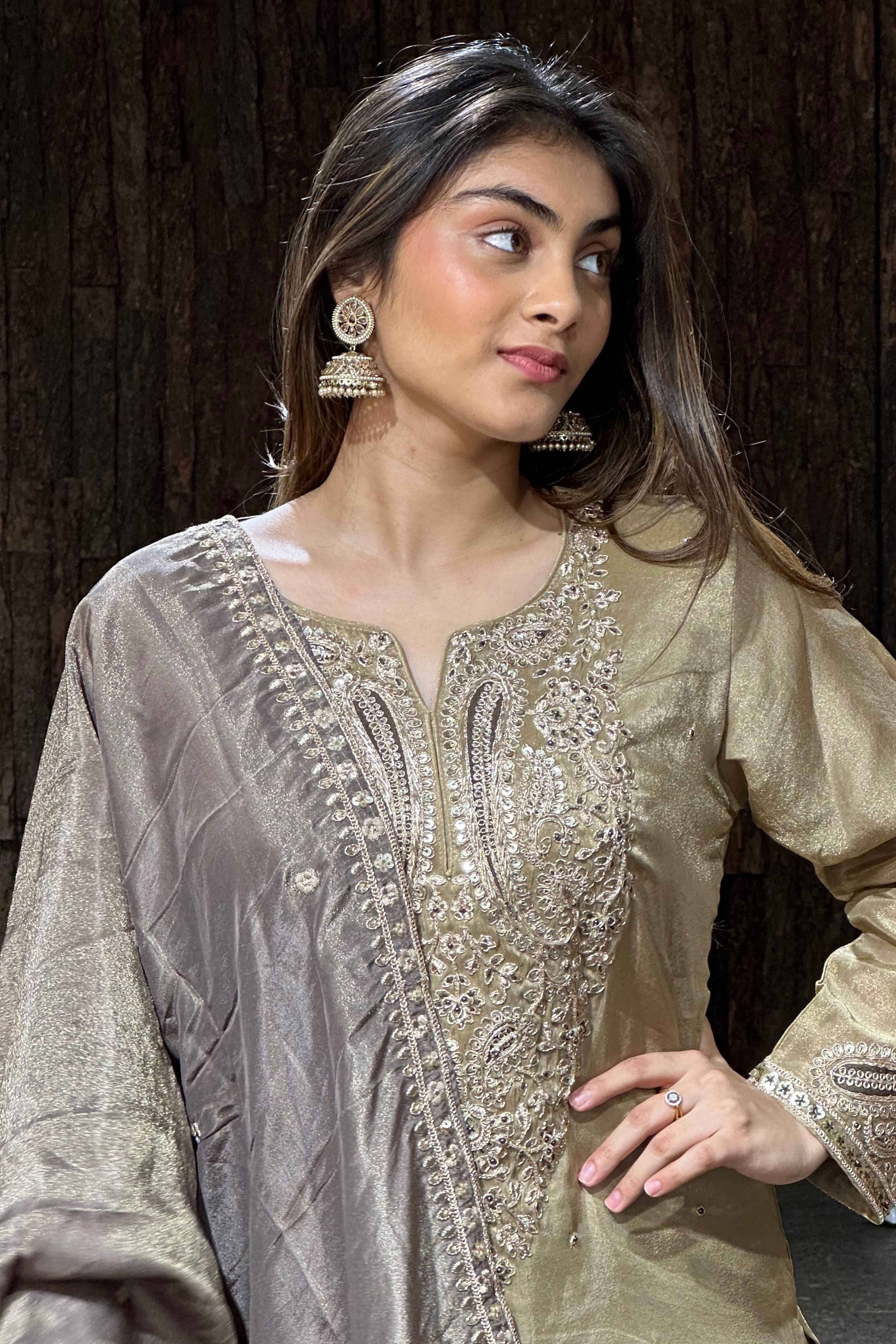 Brown Tissue Kurta Skirt set for Women