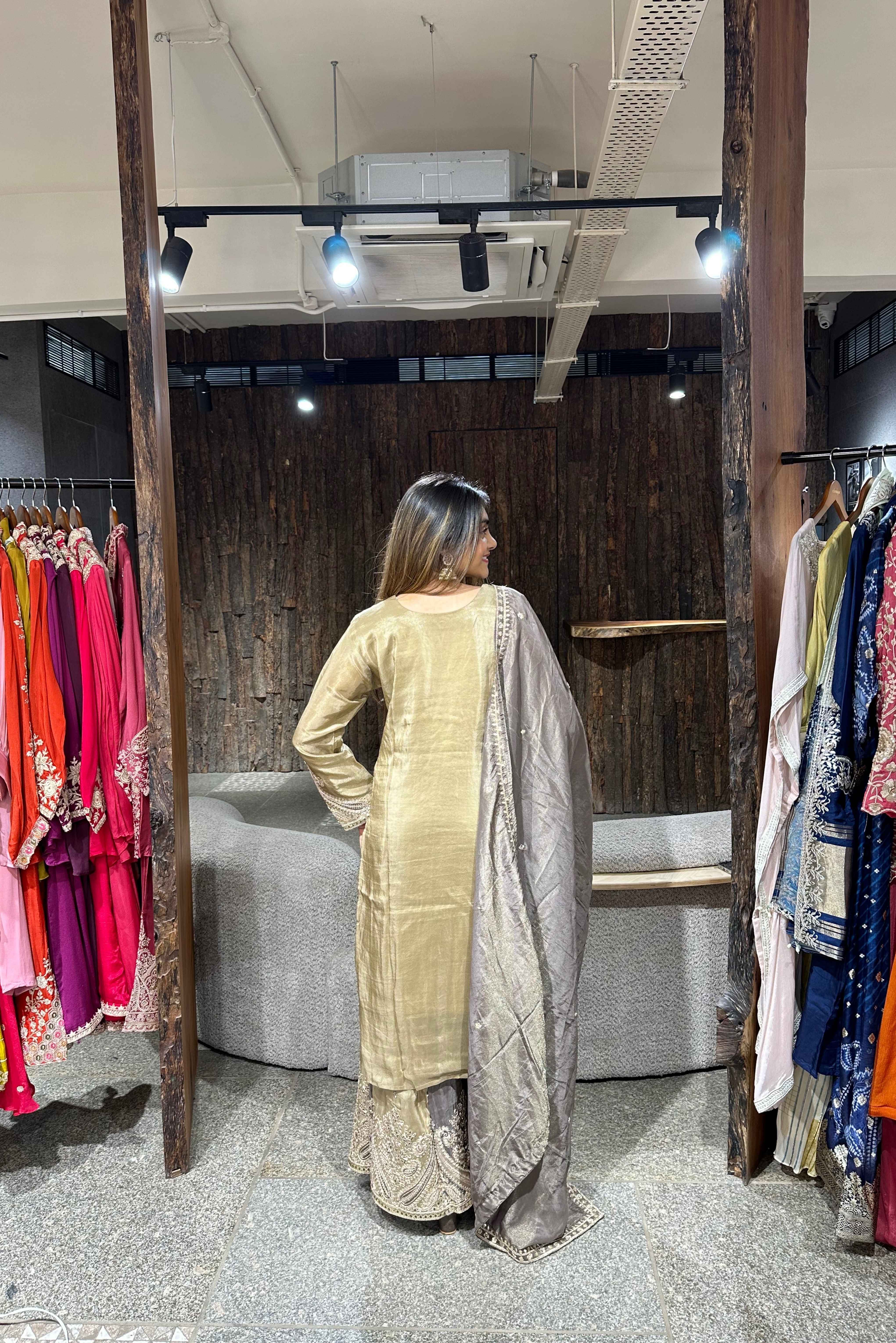 Brown Tissue Kurta Skirt set for Women