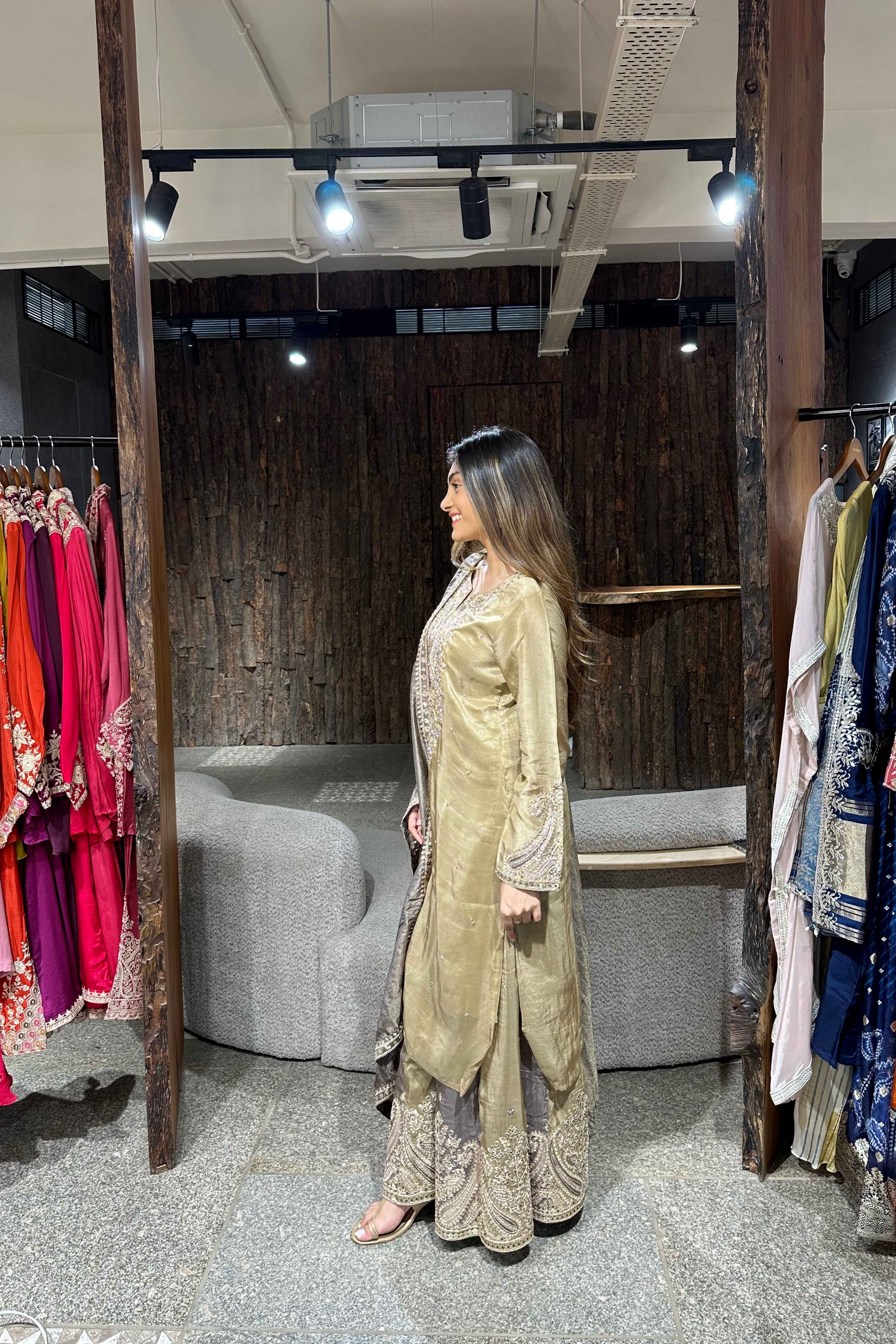 Brown Tissue Kurta Skirt set for Women