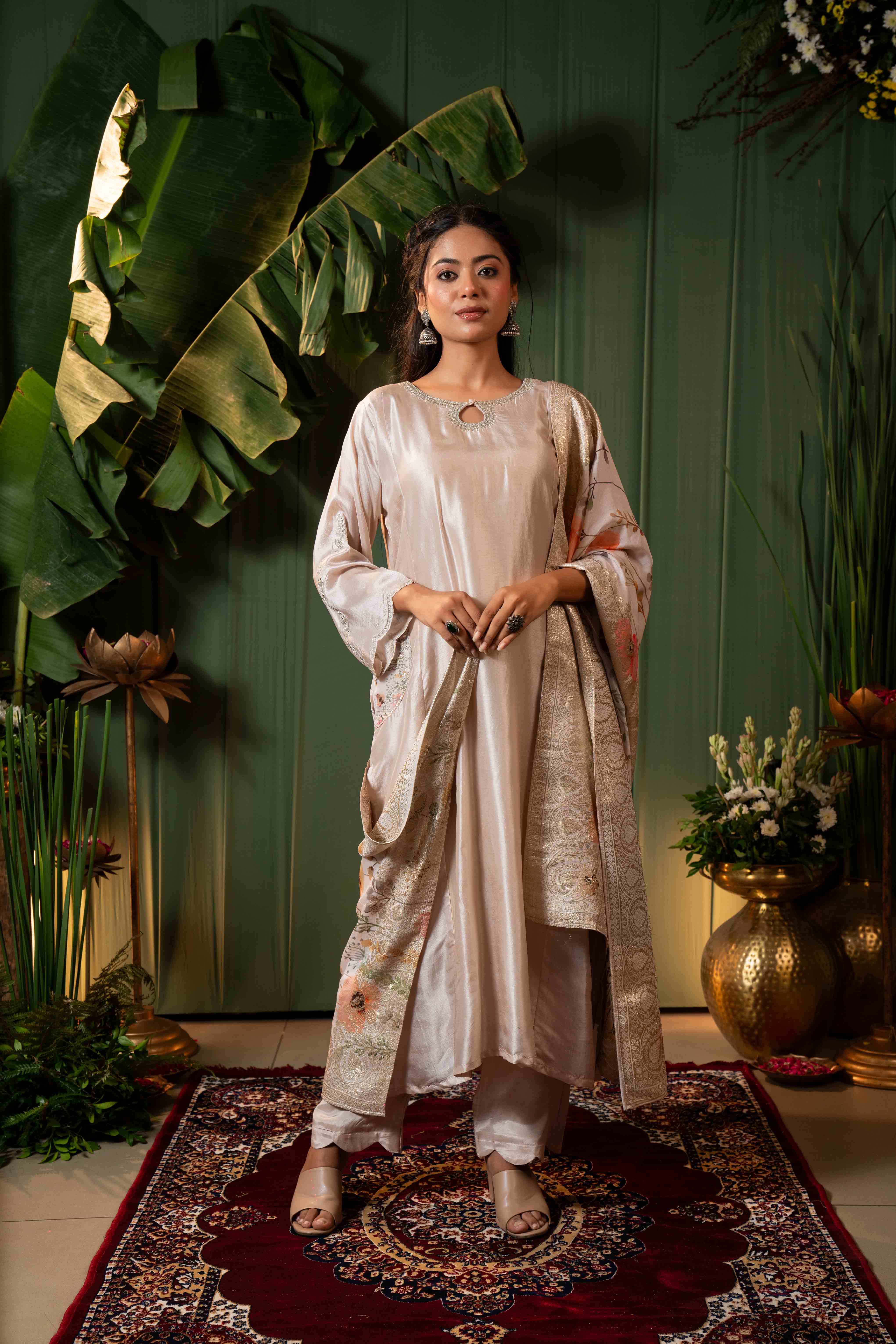 Cream A line Kurti Pant Set with Dupatta