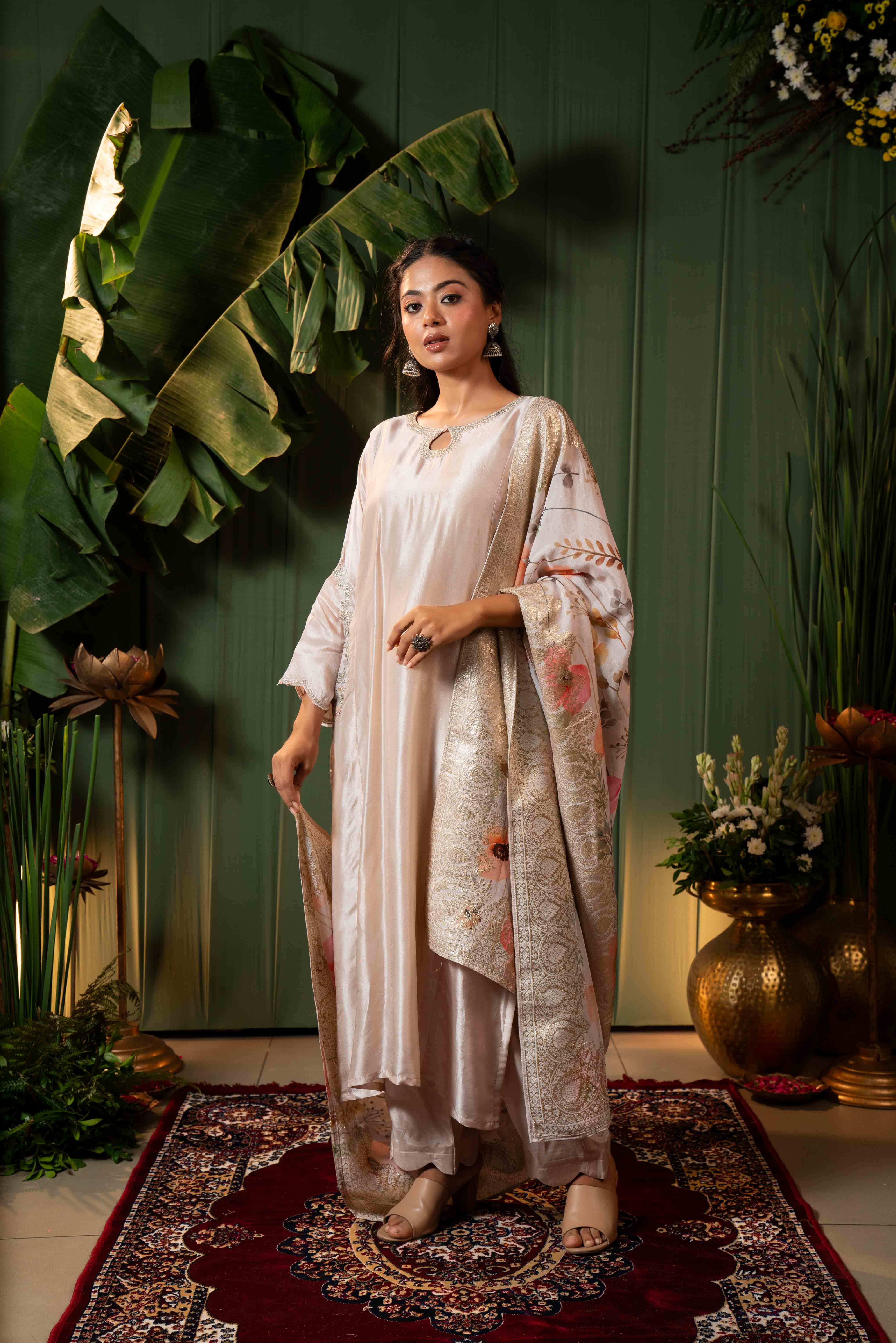 Cream A line Kurti Pant Set with Dupatta