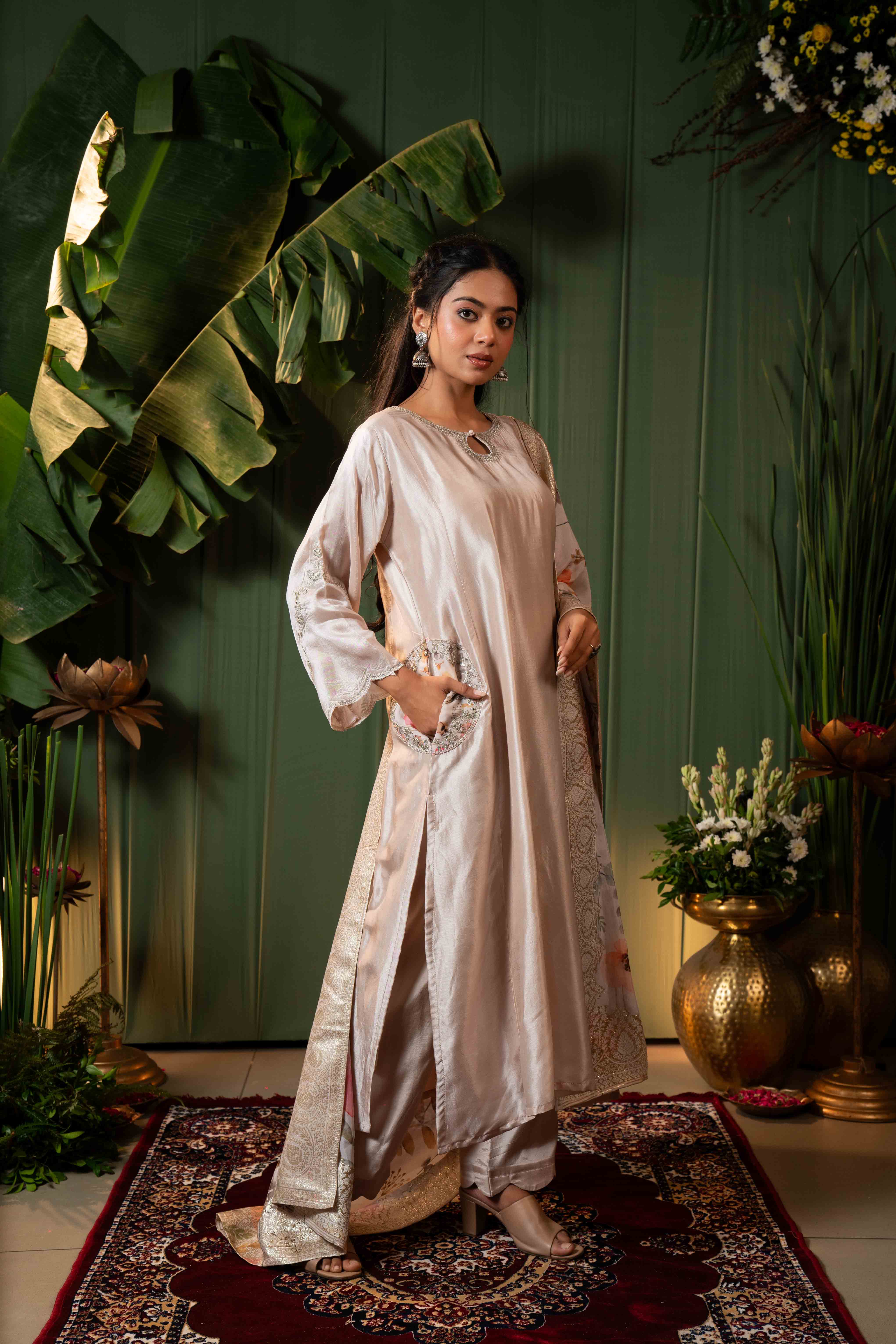 Cream A line Kurti Pant Set with Dupatta