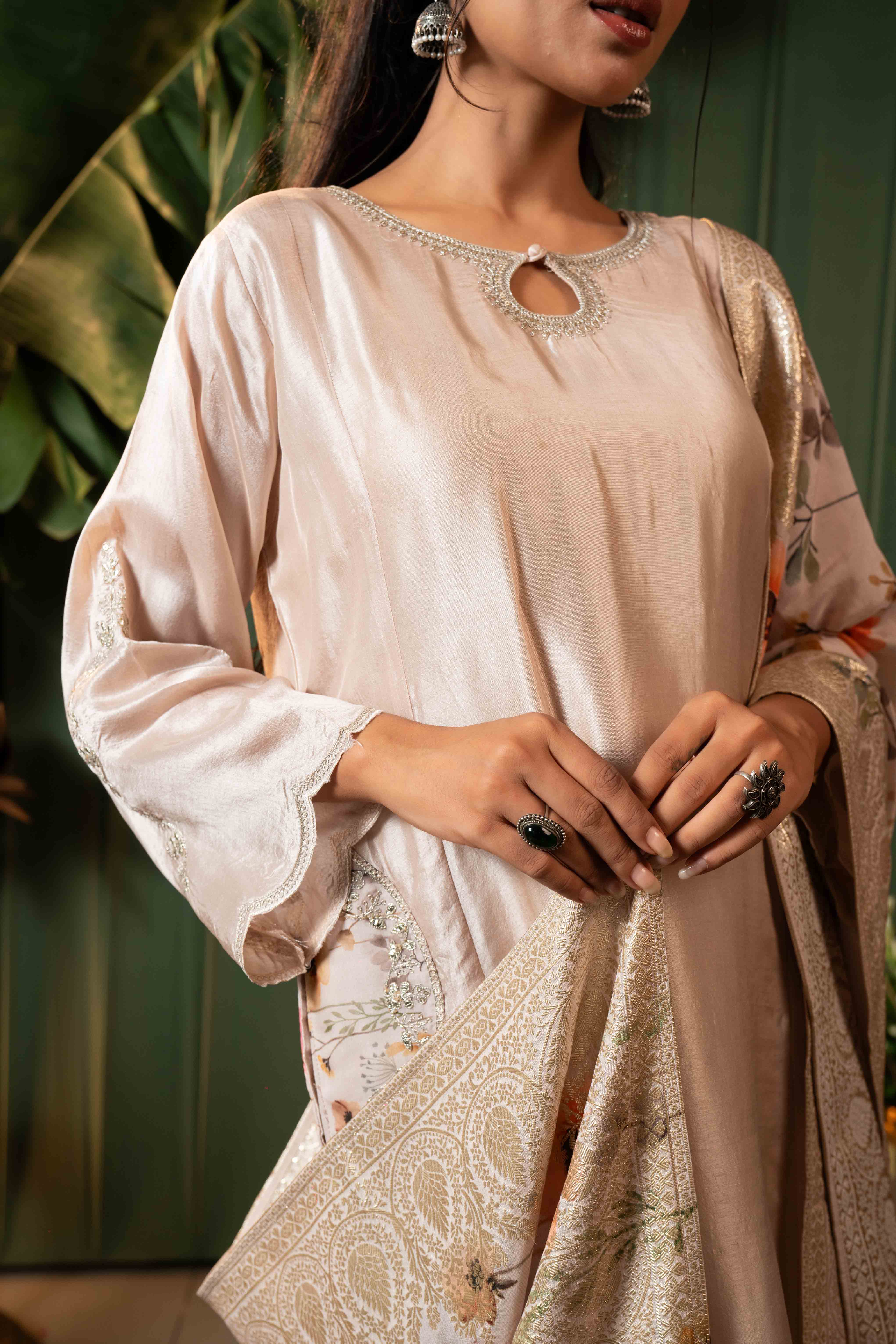 Cream A line Kurti Pant Set with Dupatta