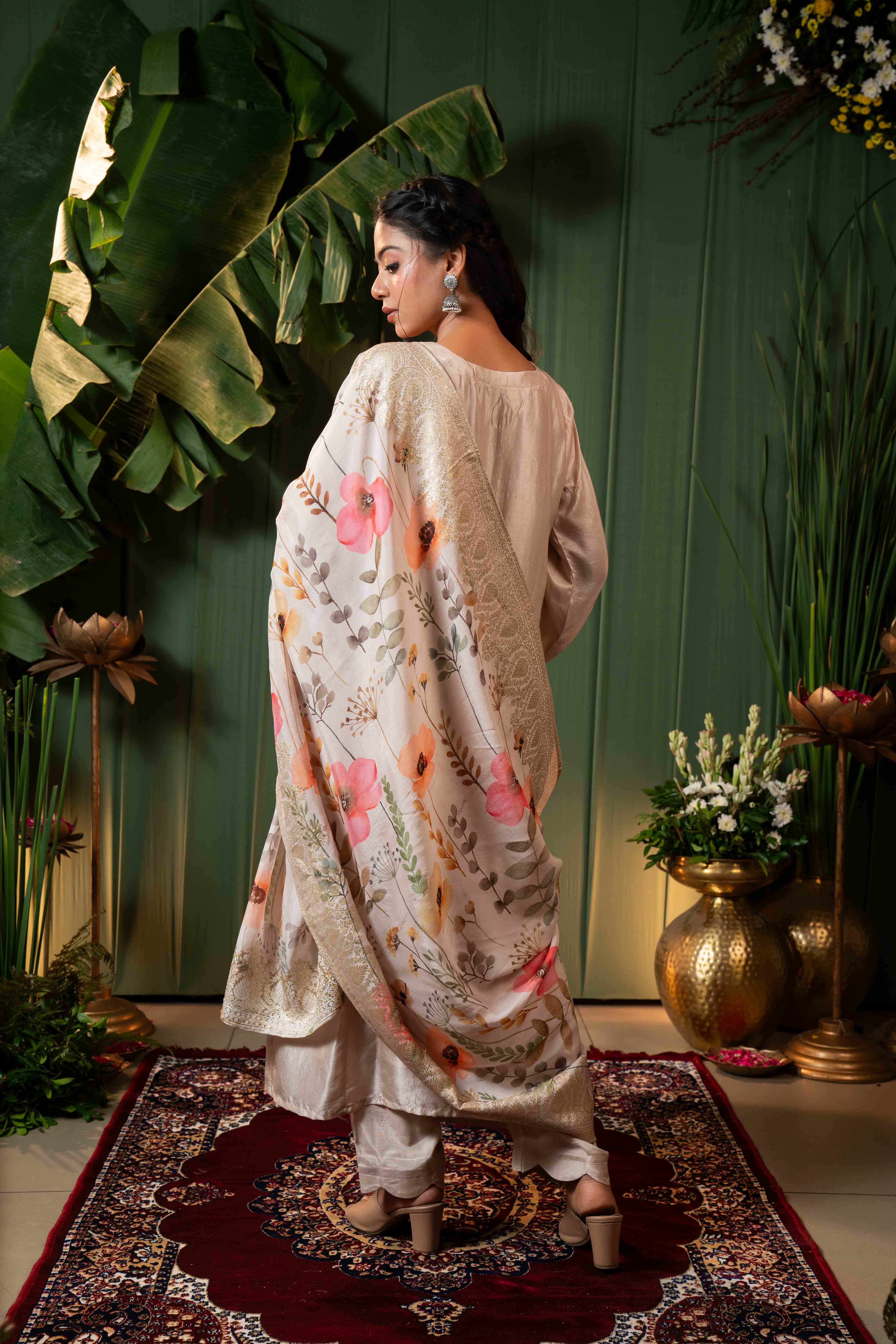 Cream A line Kurti Pant Set with Dupatta