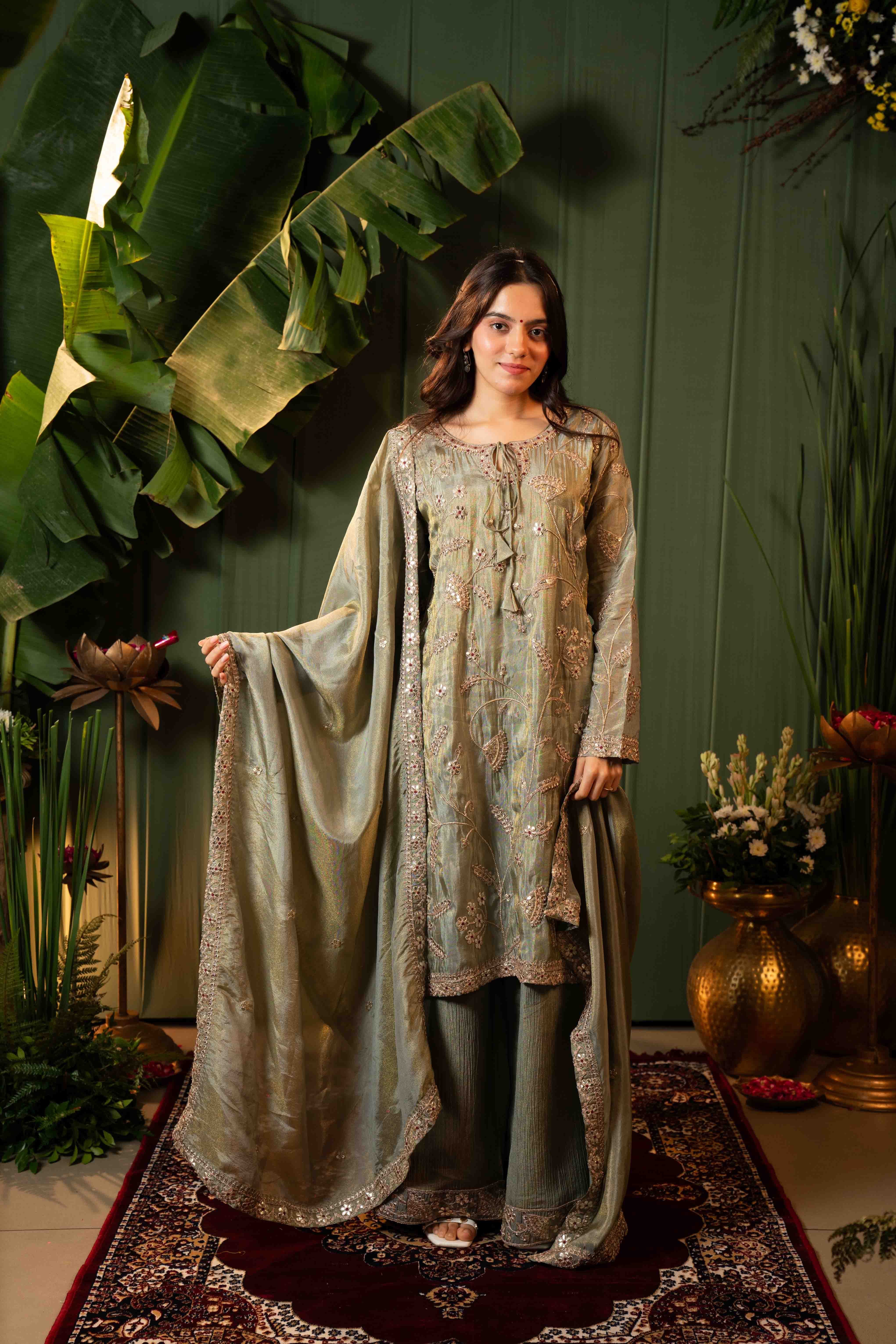 Dusty Green Kurta Sharara Suit for Women