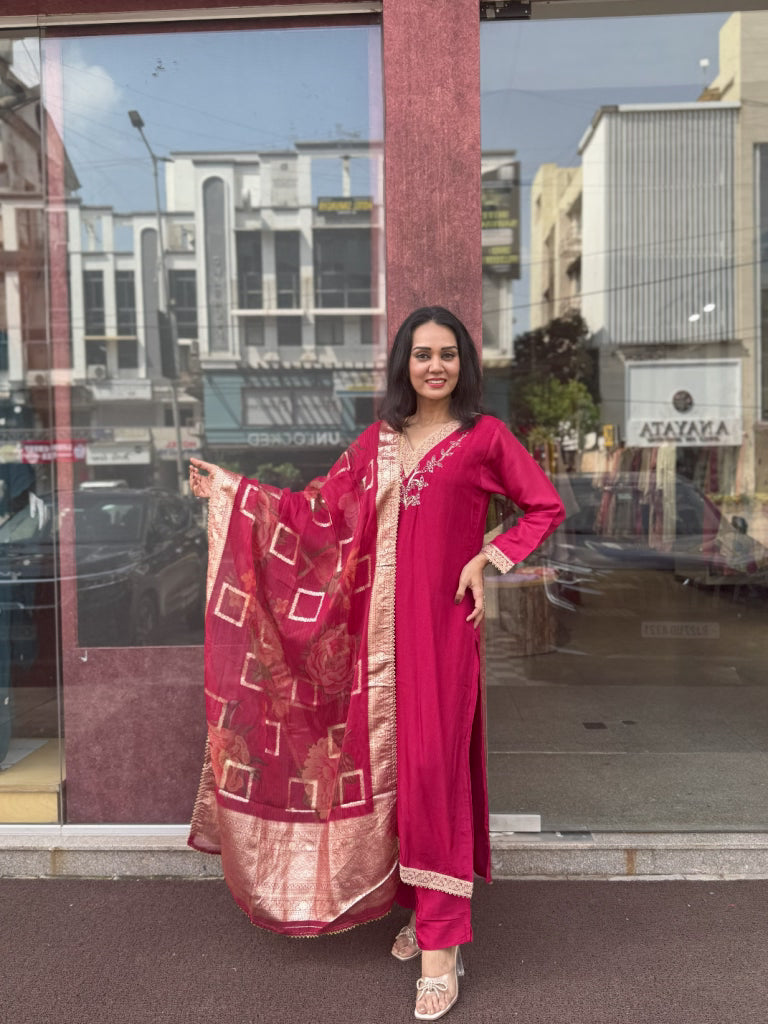 Red Russian Silk Kurta Set for Women | Ethonique