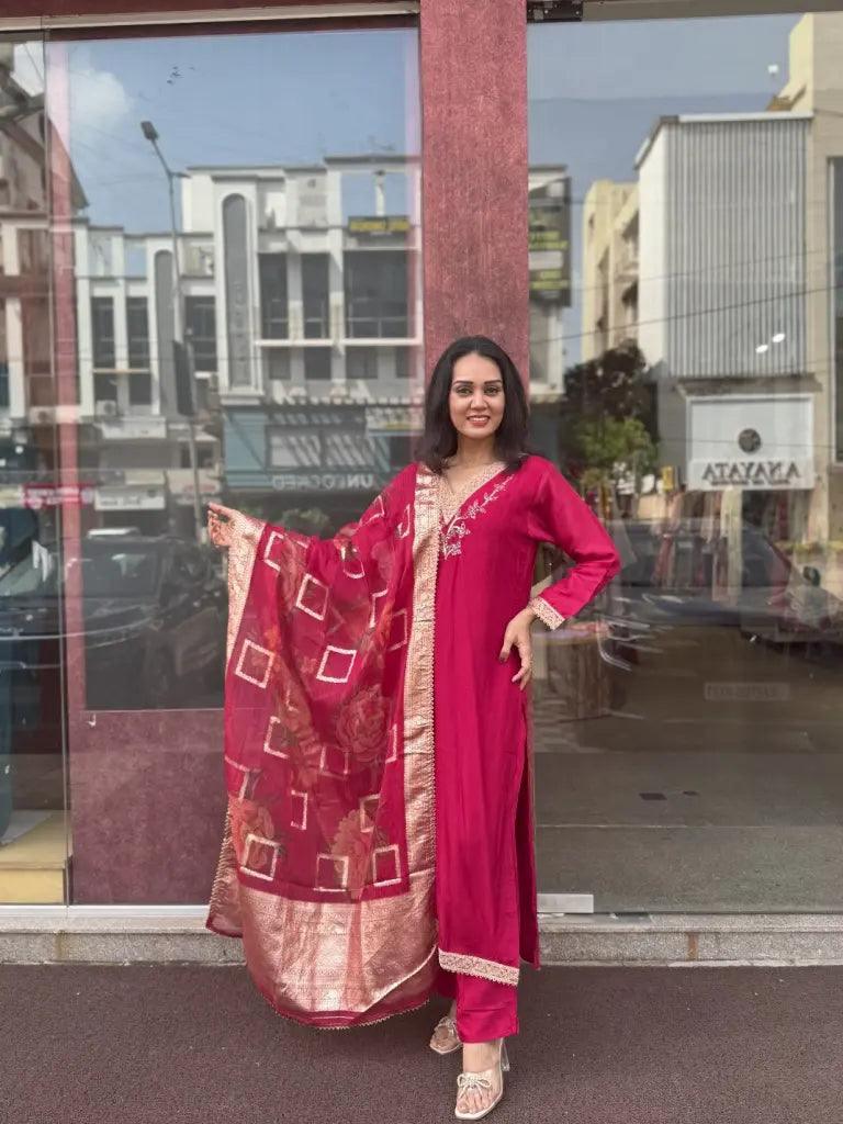 Red Russian Silk Kurta Set for Women | Ethonique