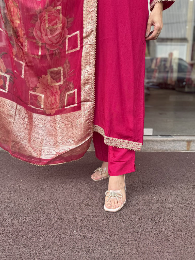 Fabric and fall detail in red kurta set — Red Kurta Set