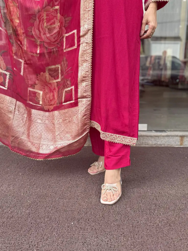 Fabric and fall detail in red kurta set — Red Kurta Set