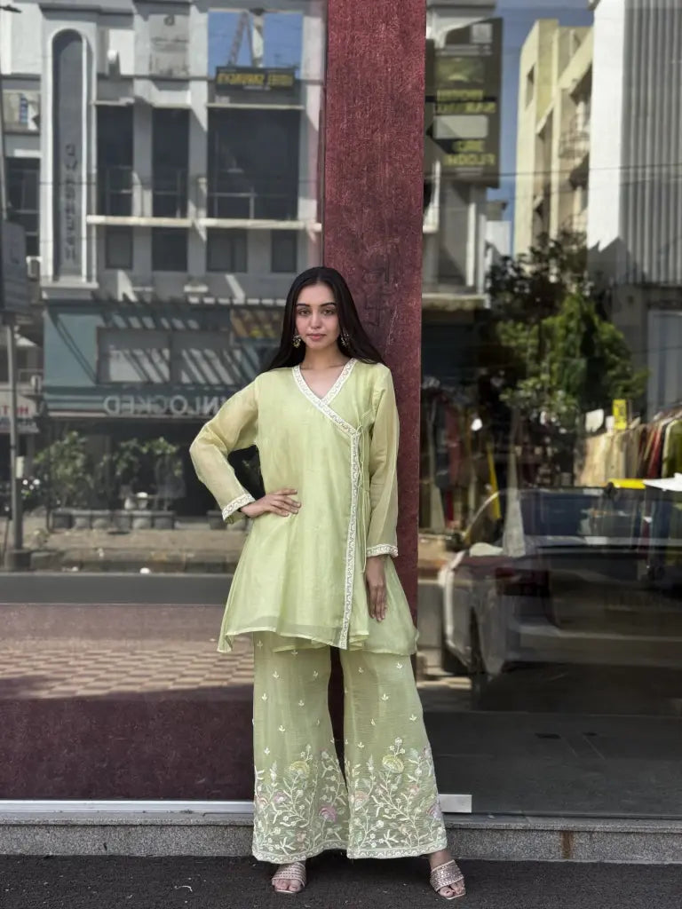 Pista Green Mul Chanderi Co-Ord Set for Women | Ethonique