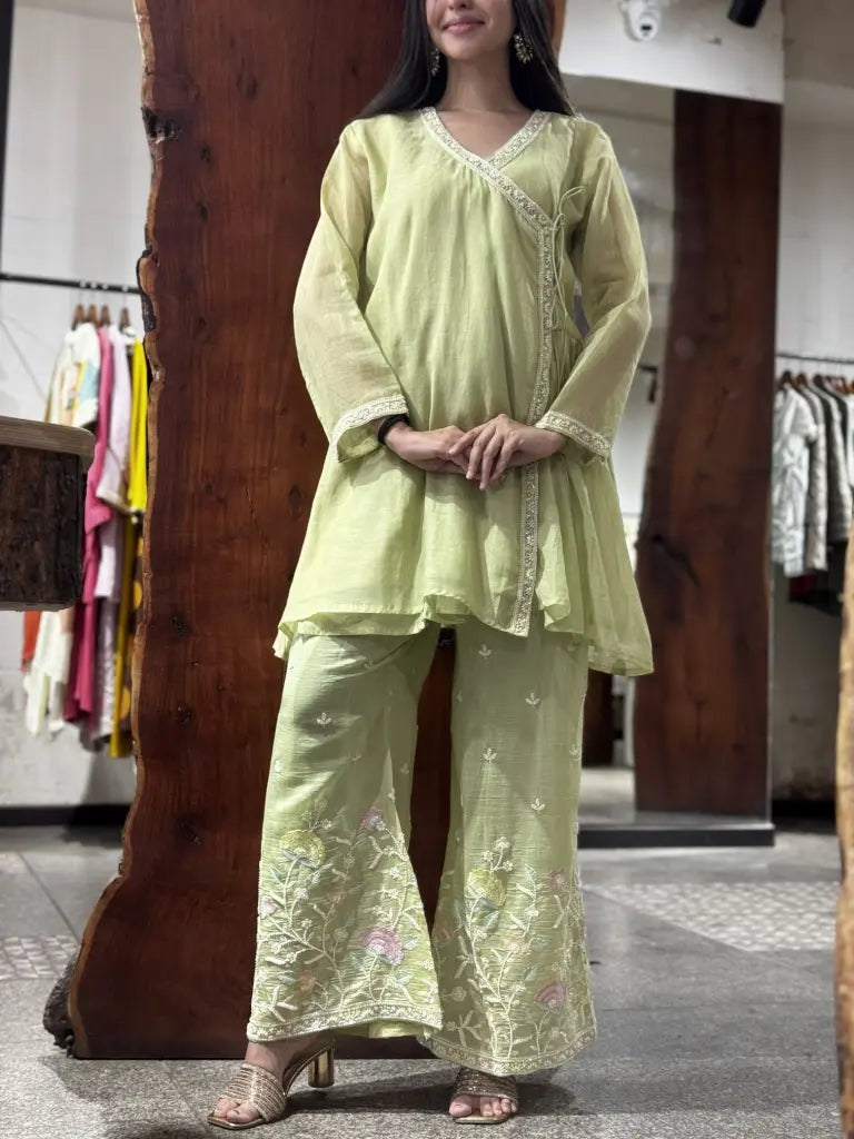 Full outfit view — Pista Green Mul Chanderi Co-Ord Set