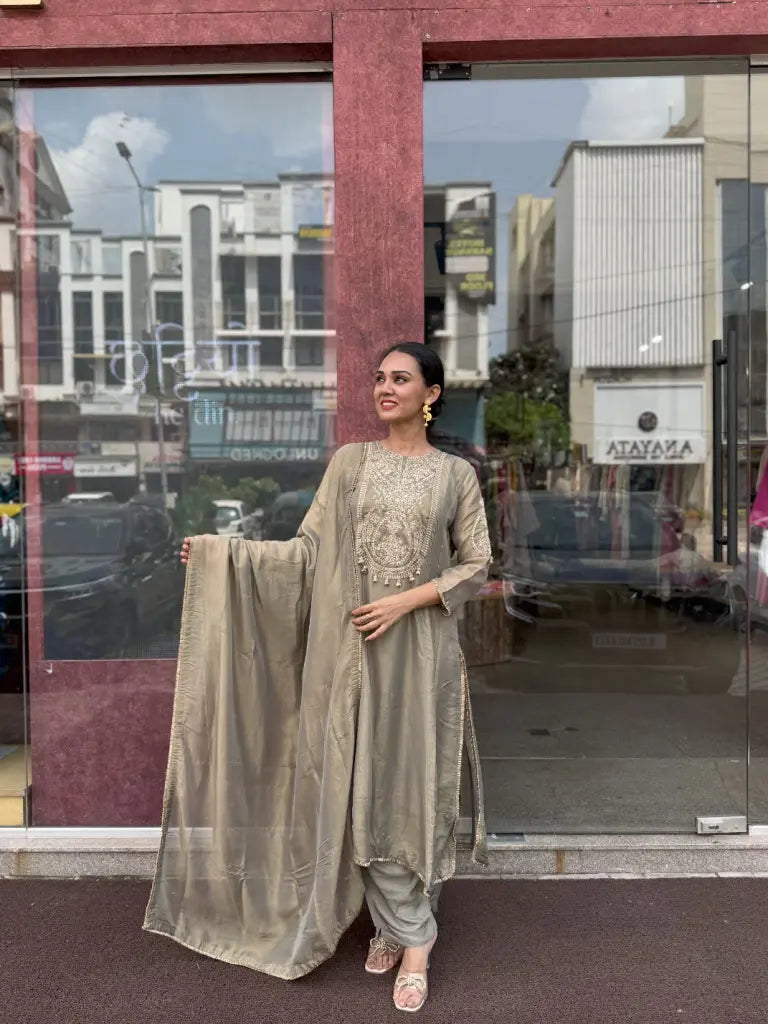 Dusty Green Tissue Kurta Set for Women | Ethonique