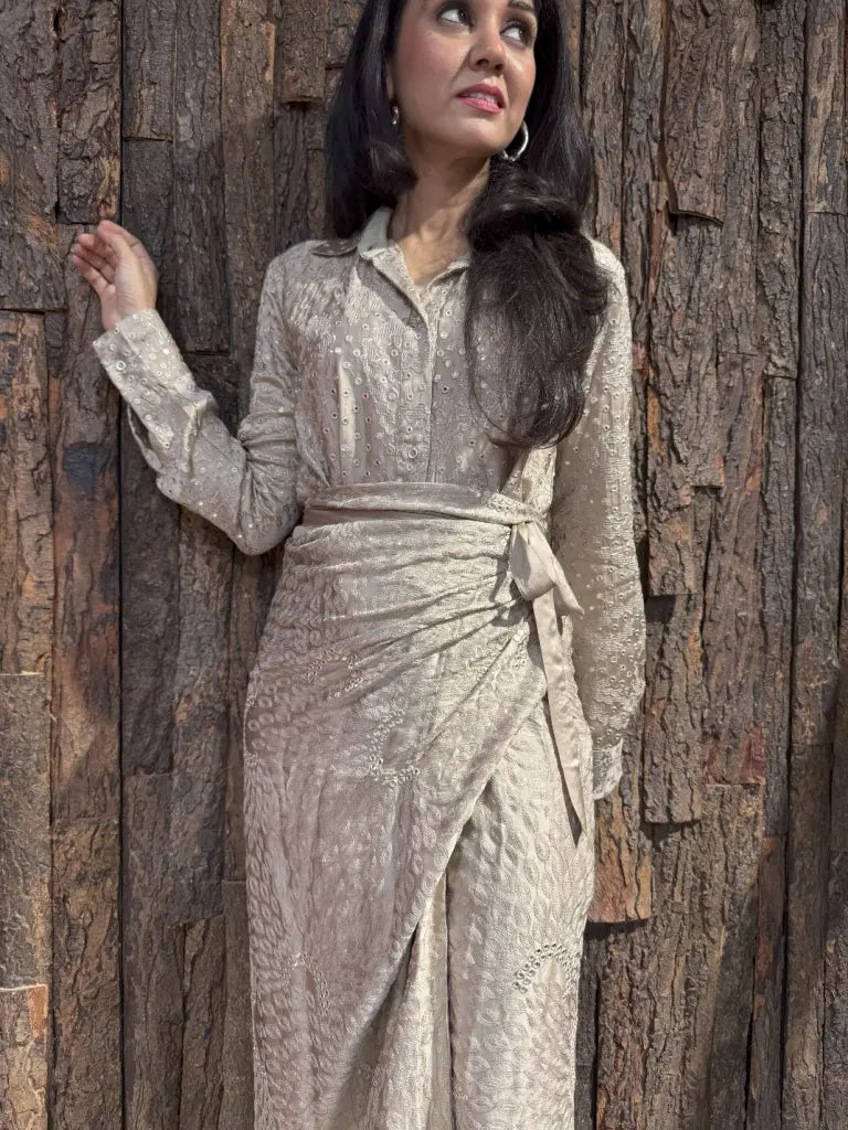 Side drape and silhouette of cream indo western dress — Cream Indo Western Dress