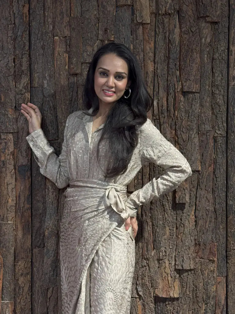 Fabric and fall detail in cream indo western dress — Cream Indo Western Dress