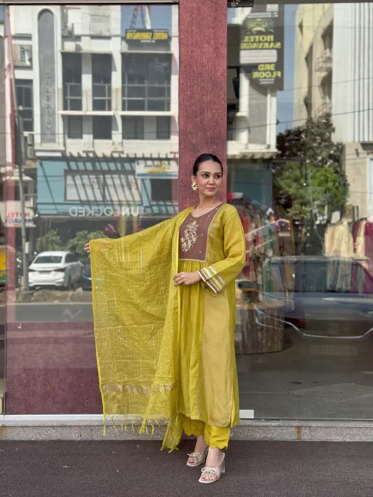 Yellow Mul Chanderi Kurta Set for Women | Ethonique