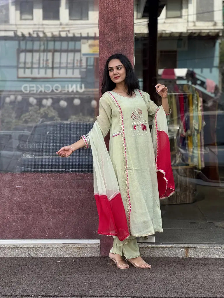 Mint Green Tissue Kurta Set for Women | Ethonique