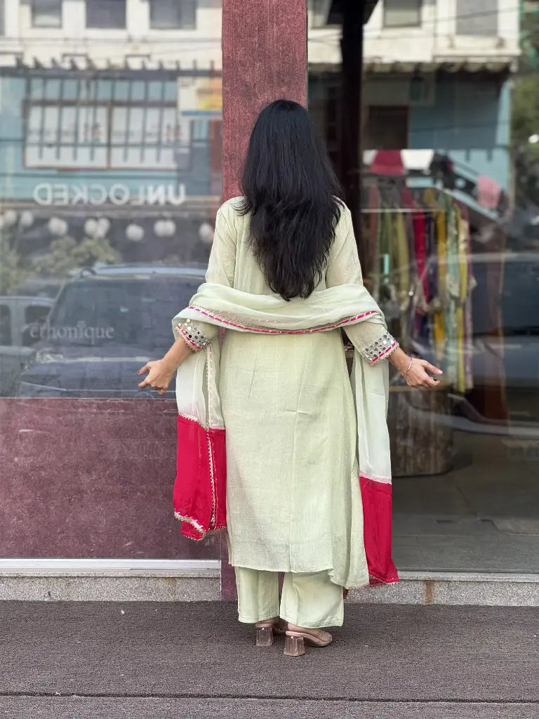 Fabric and fall detail in mint green kurta set — Mint Green Kurta Set