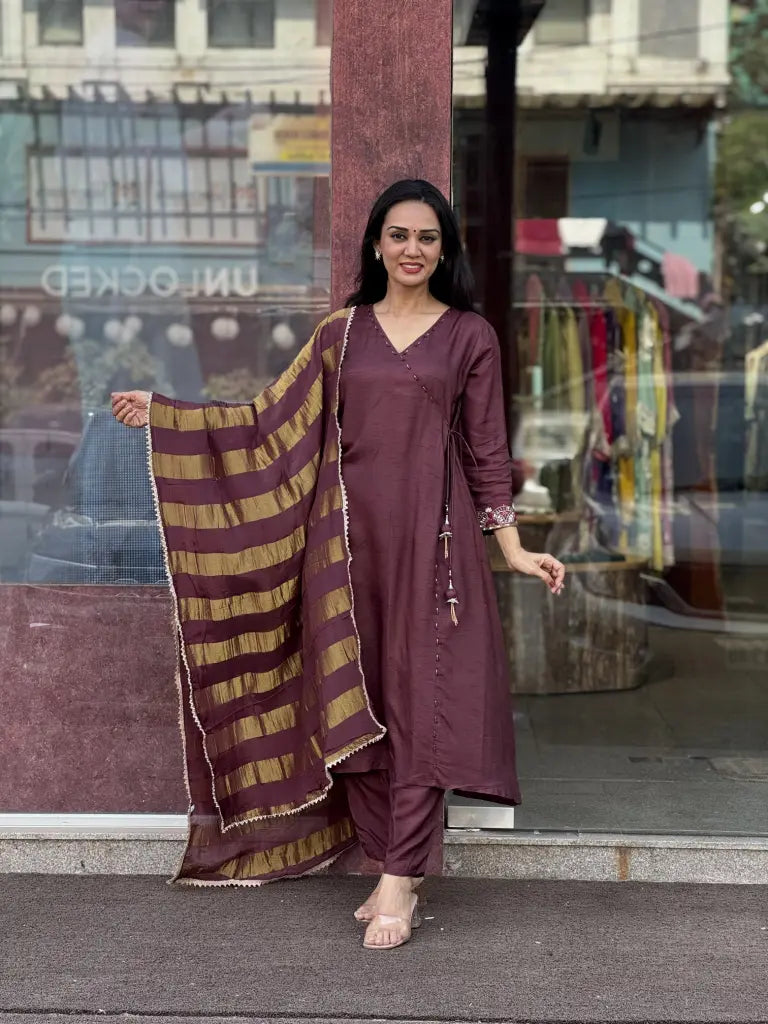 Brown Mul Chanderi Kurta Set for Women | Ethonique