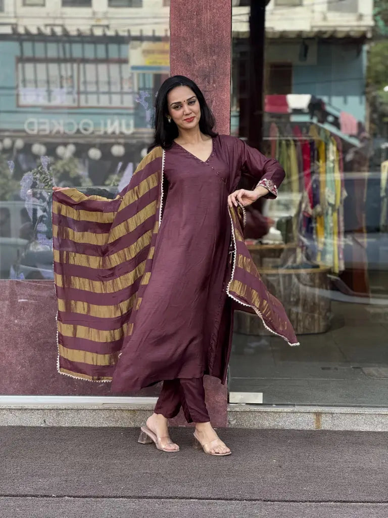 Complete ethnic look in brown kurta set — Brown Kurta Set