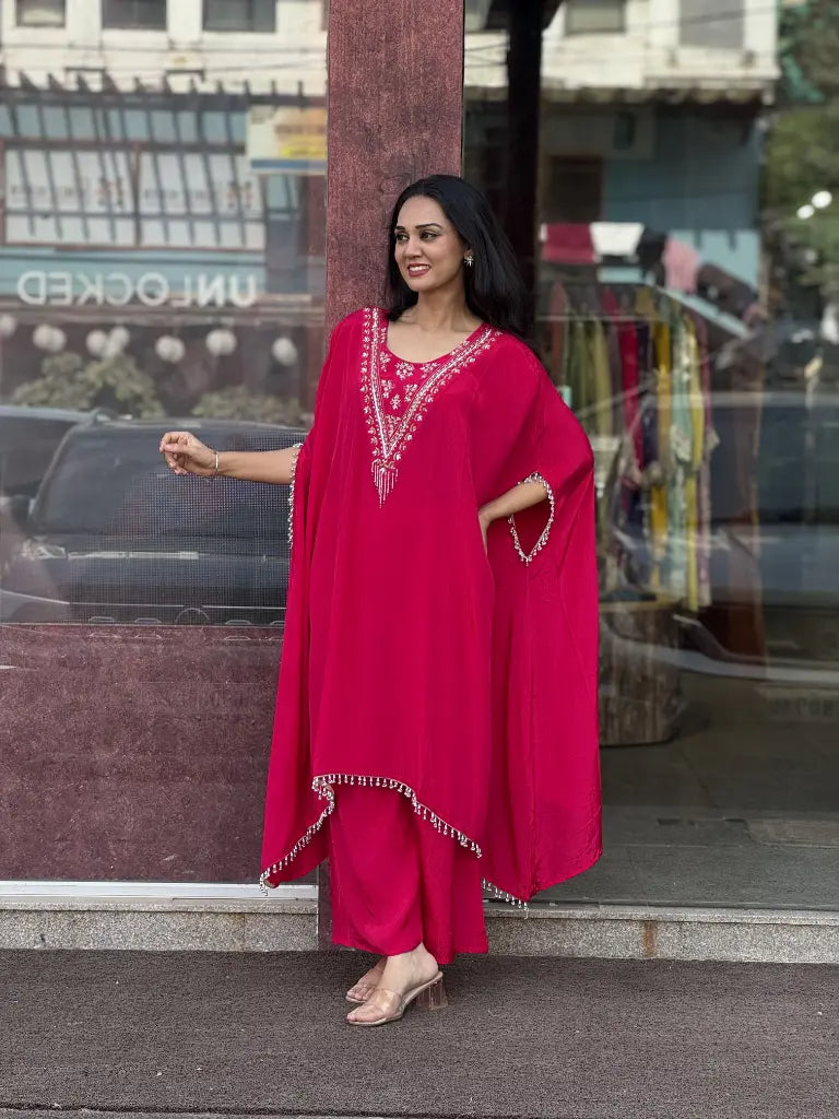 Red Crepe Kaftan Set for Women | Ethonique