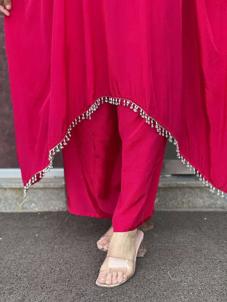 Side drape and silhouette of red kaftan set — Red Kaftan Set