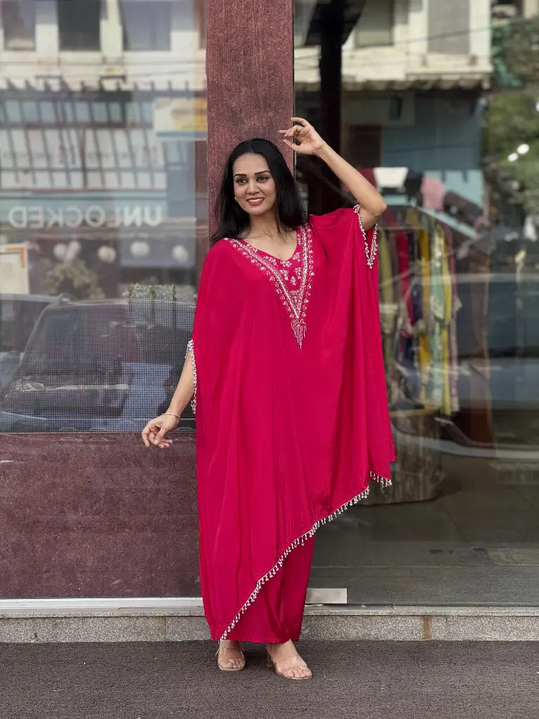 Fabric and fall detail in red kaftan set — Red Kaftan Set