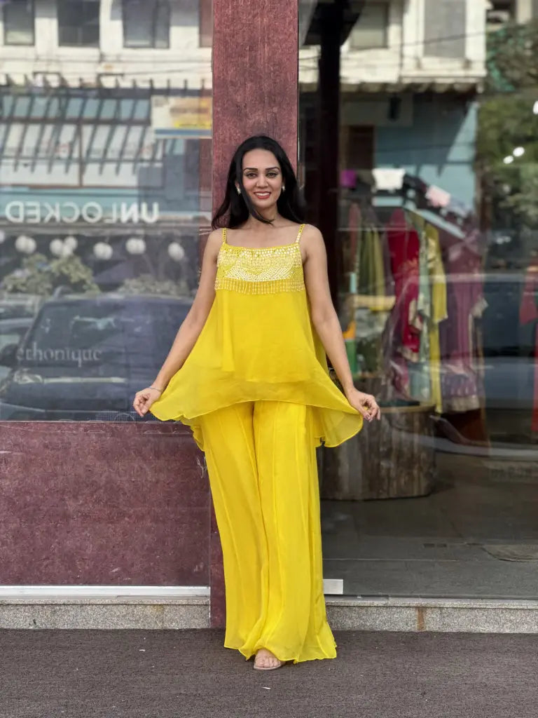 Yellow Chinnon Indo Western Dress for Women | Ethonique