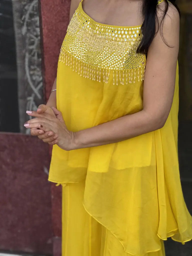 Front styling view of yellow indo western dress — Yellow Indo Western Dress